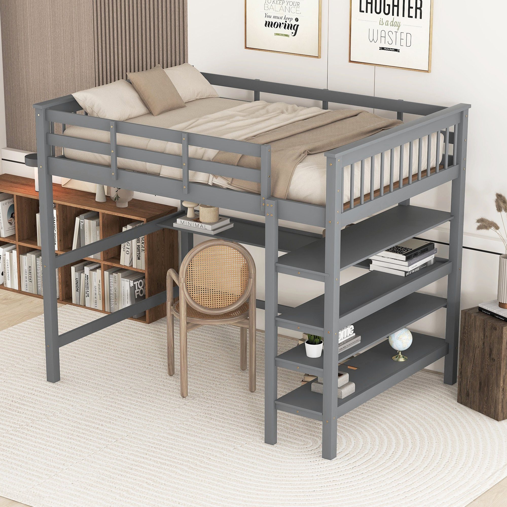 REDOM Kinderbett Jugendbett mit Lattenrost ohne Matratze (140x200 cm, mit Ablagefächern und Unterbettschreibtisch)