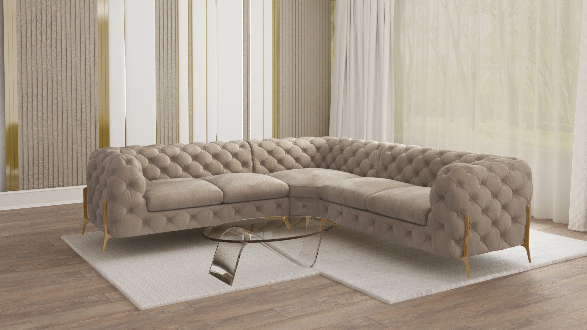 S-Style Möbel Ecksofa Chesterfield Ashley mit Goldene Metall Füßen, mit Wellenfederung Dunkle Creme