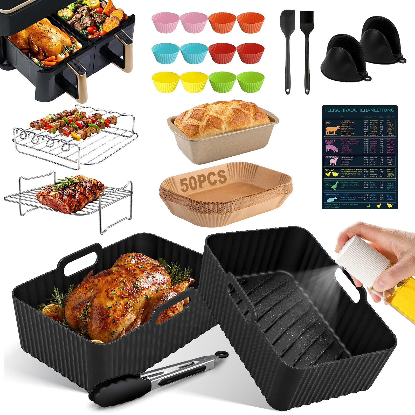 Bundviel Backform Heißluftfritteuse Zubehör 24-tlg set für Ninja AF300EU AF400EU, (Set 24-tlg), Airfryer Zubehör für Ninja Foodi Max Dual Zone, Isolate oil stains
