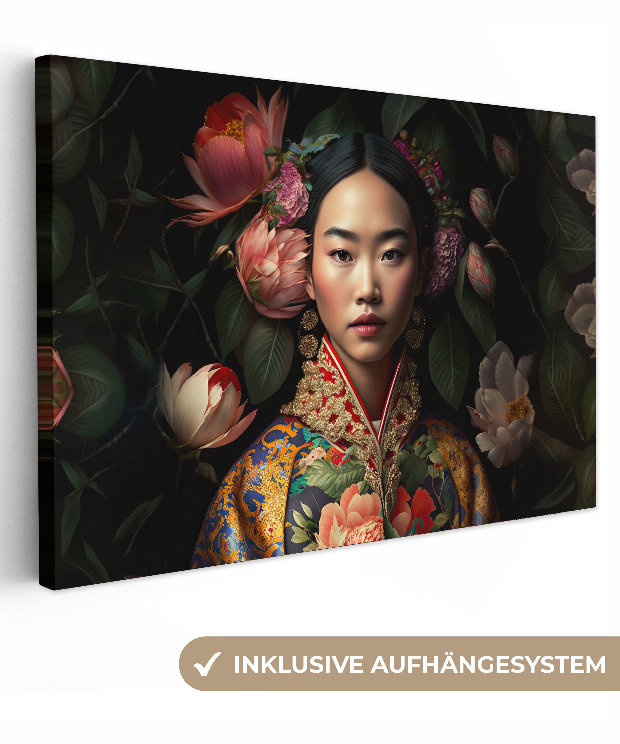 OneMillionCanvasses® Leinwandbild Frau - Asiatisch - Kimono - Blumen - Port günstig online kaufen