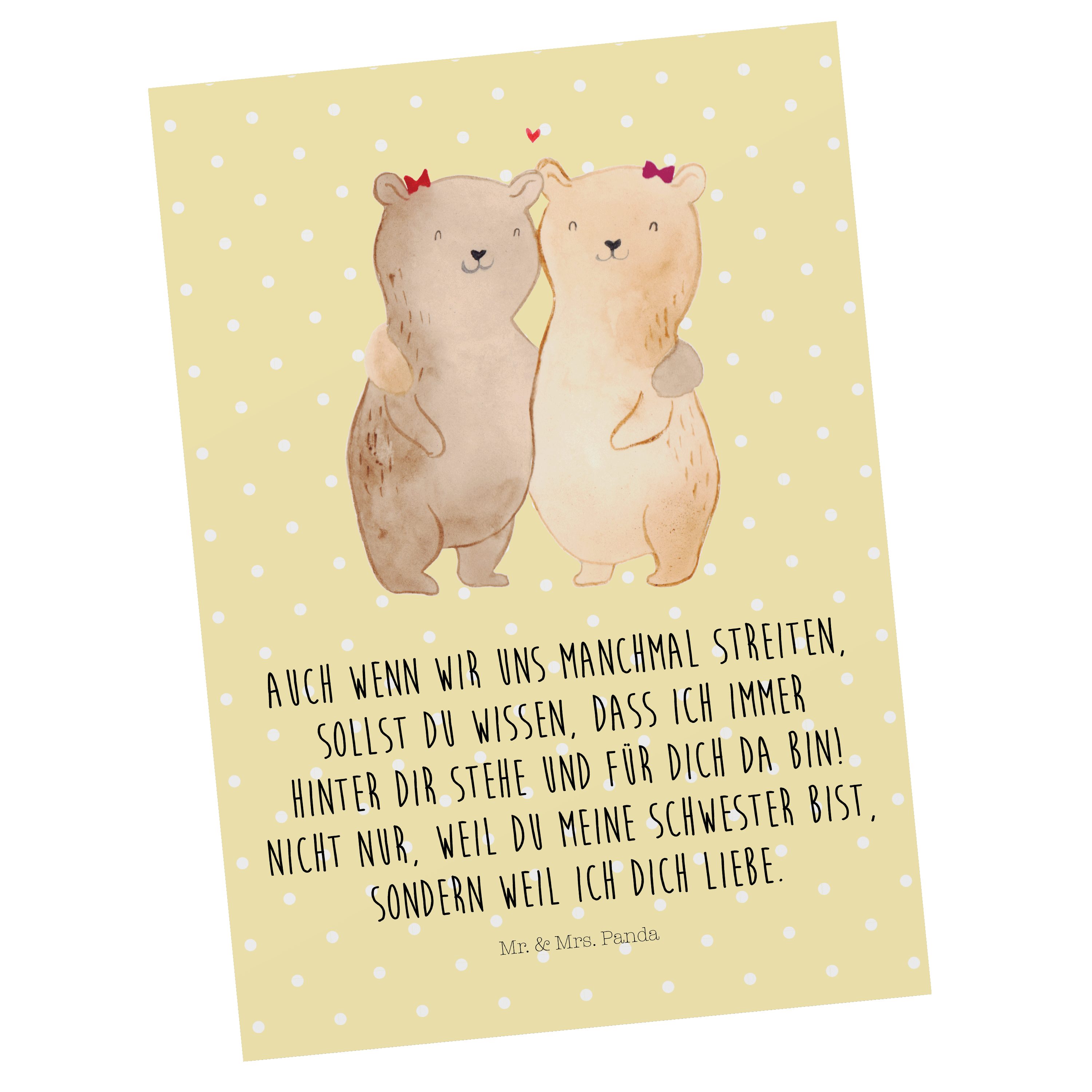 Mr. & Mrs. Panda Postkarte Bären Schwestern - Gelb Pastell - Geschenk, Karte, Einladungskarte, S