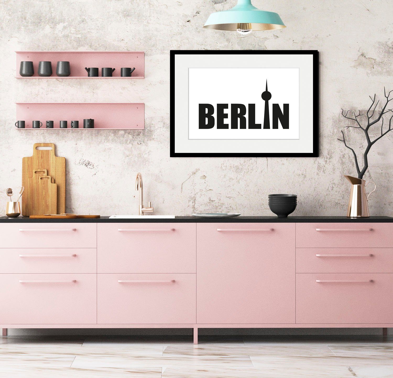 queence Bild Berlin Tower, Berlin, Deutschland, Schriftzug, Schwarz-Weiß, Stadt, Städte (1 St), HD Premium Poster-Druck inkl. Holzrahmen