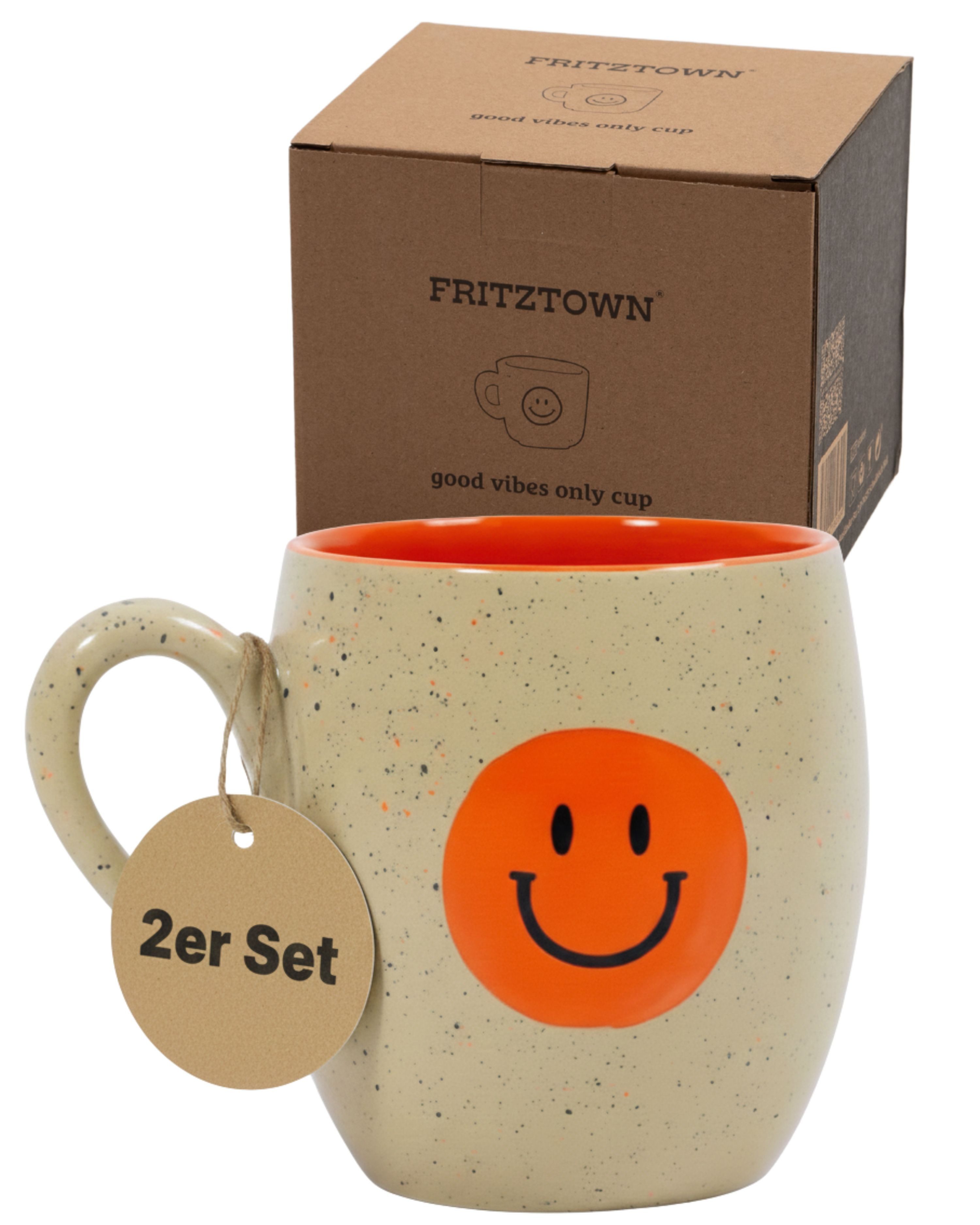 FRITZTOWN Tasse Good Vibes Only 440ml, Große Keramiktasse in Geschenkverpackung, 2-tlg., Keramik