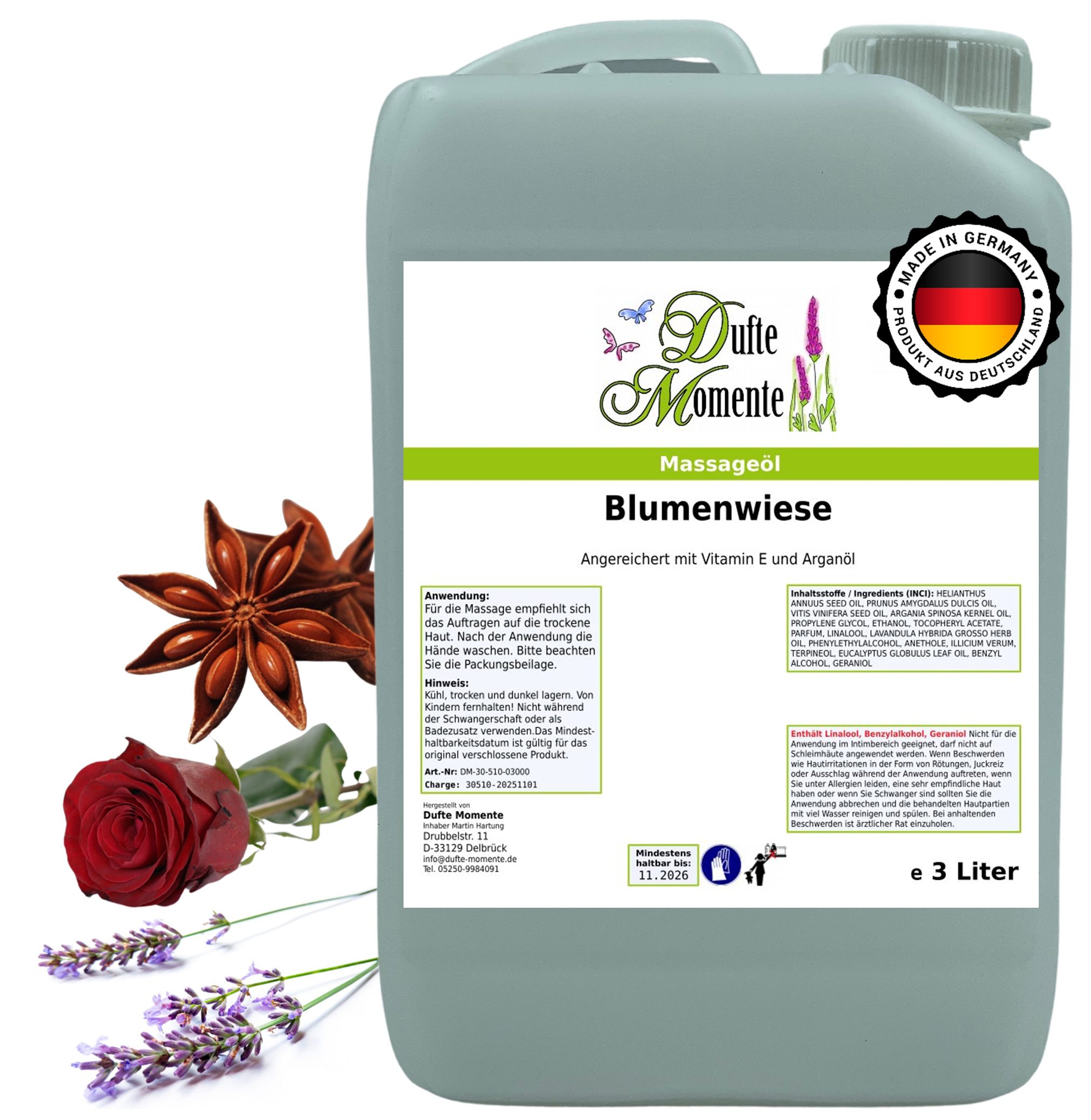 Dufte Momente Massageöl Blumenwiese (Anis, Lavendel, Rose) 250ml - 3L, Paraffinölbasis, vegan & ohne Tierversuche