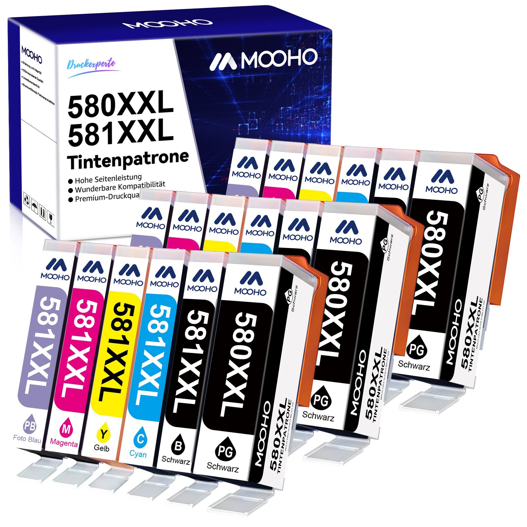 MOOHO PGI-580XXL CLI-581XXL Multipack für CANON 580XL Tintenpatrone (TR8550 TS6350 TS8350 TS6150 TS8150 TS6250 TS9550) 3Foto Blau+3PGBK+3Schwarz+3Cyan+3Magenta+3Gelb (18er-pack) | Tintenpatronen