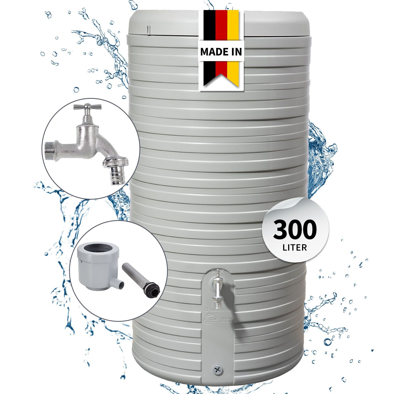 GARANTIA Regentonne NORDIC 2in1 Regentonnen Komplett-Set 300 L steingrau