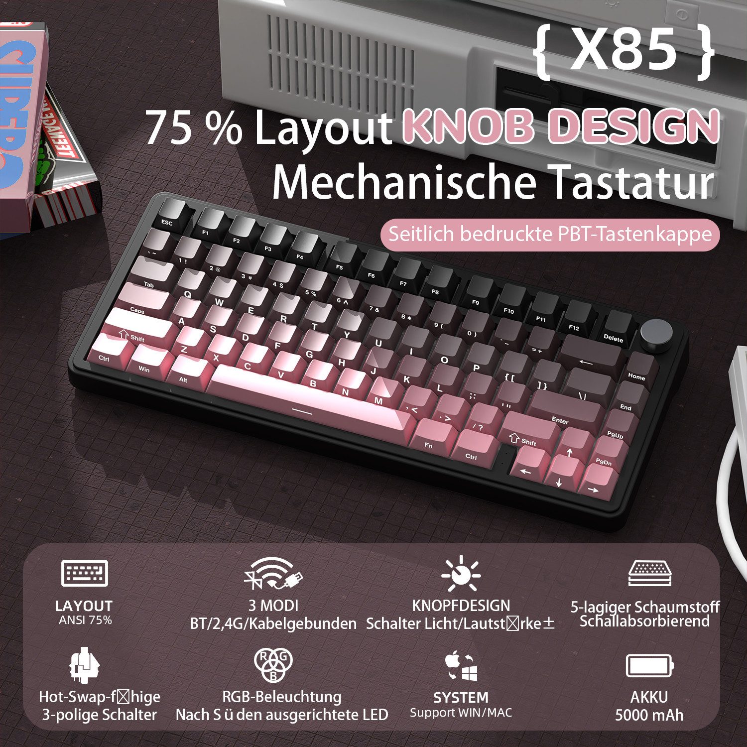 ATTACK SHARK ATTACK SHARK X85 Tri-Mode Gasket Mechanische Tastatur mit Knopf Gaming-Tastatur