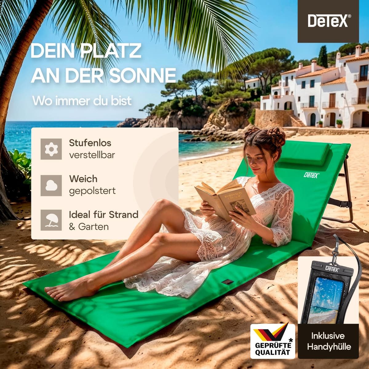 Detex Gartenliege, Strandmatte Gepolstert mit Rückenlehne Strandliege Klappbar Tragbar