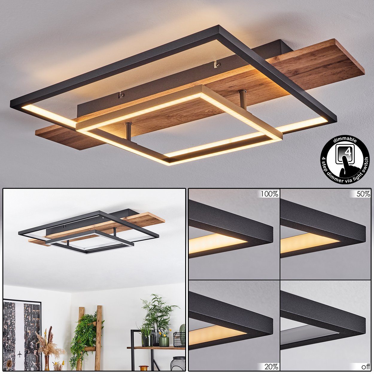 hofstein Deckenleuchte »Palermo« dimmbare Deckenlampe aus Metall/Holz, 3000 günstig online kaufen