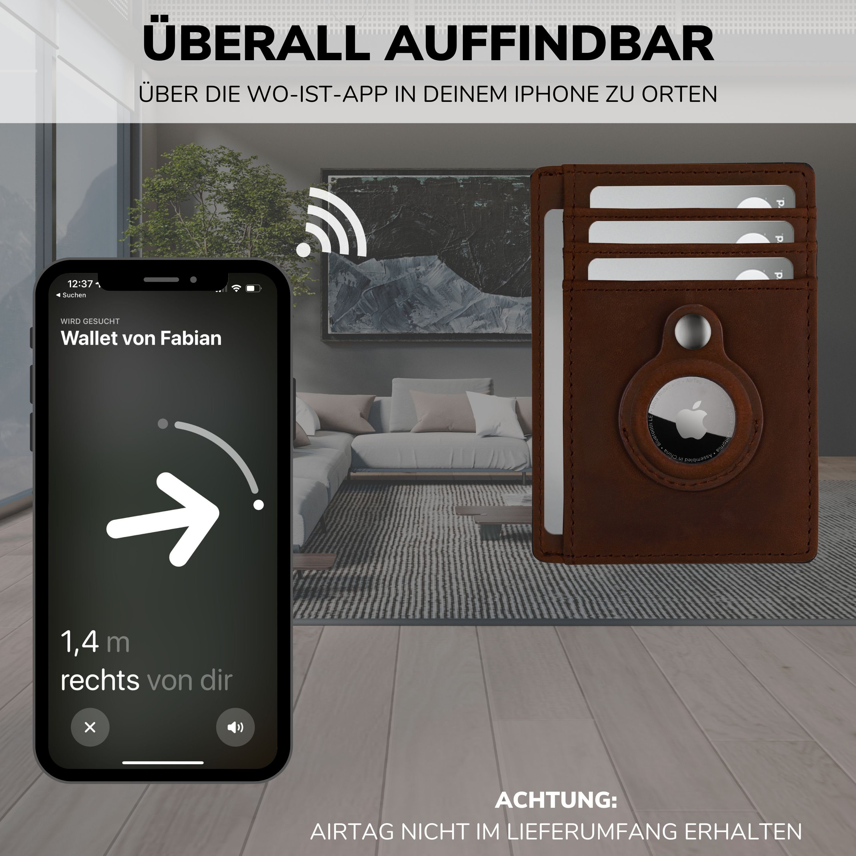 SLIMJACK Mini Geldbörse SLIMJACK Wallet Geldbeutel - AirTag mit Apple Wallet mit Dunkelbraun AirTag - RFID-Schutz Wallet RFID-Schutz, Fach mit für Slim