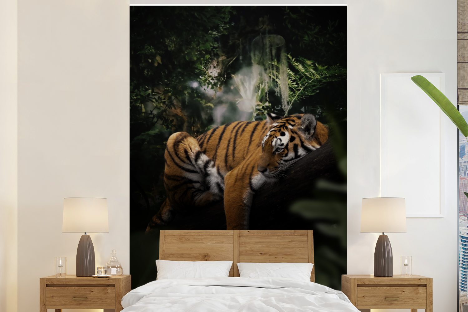 MuchoWow Fototapete Tiger - Dschungel - Baum, Matt, bedruckt, (3 St), Montagefertig Vinyl Tapete für Wohnzimmer, Wandtapete