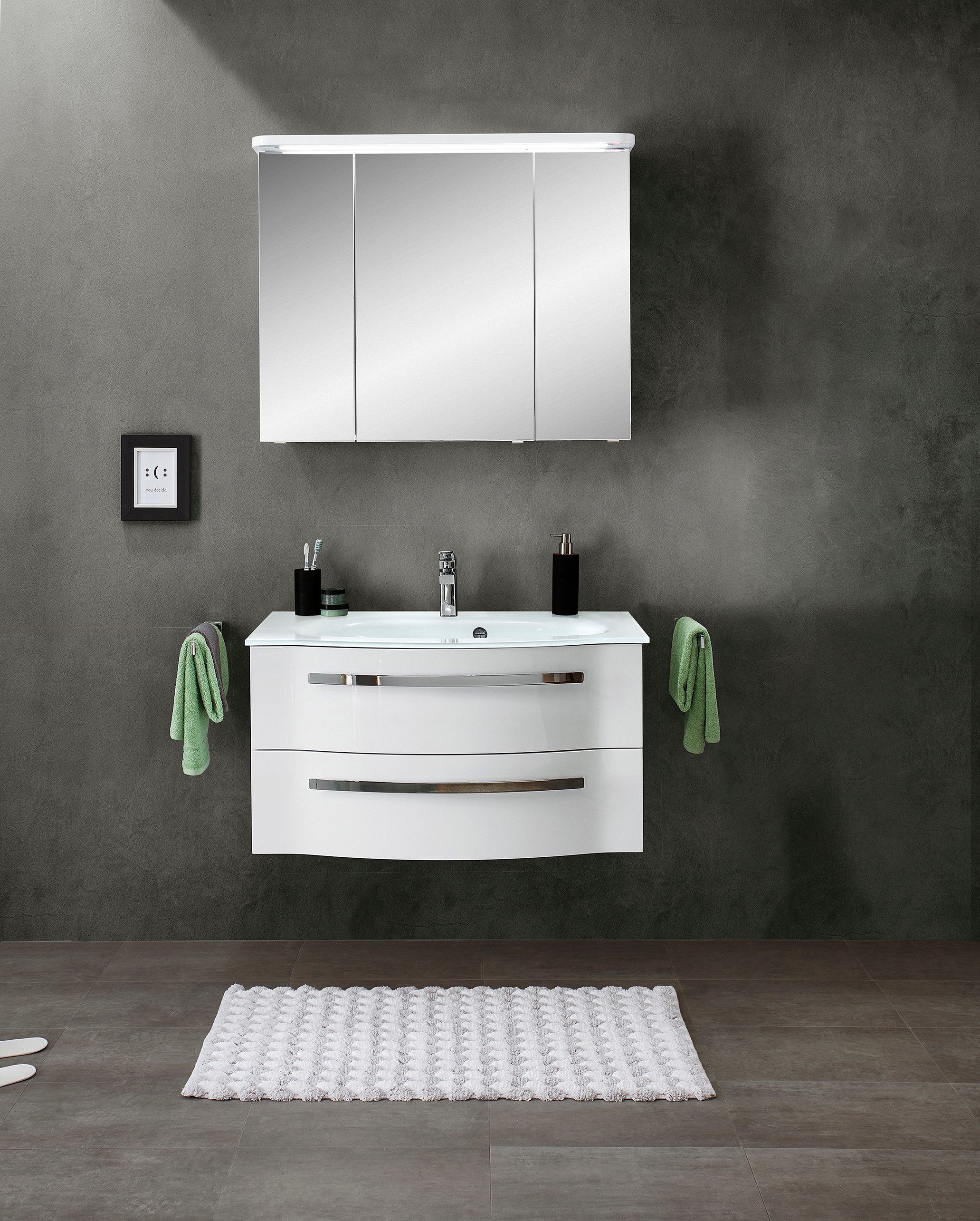 Saphir Spiegelschrank Serie 4005 Badezimmer-Spiegelschrank inkl. LED-Kranzbeleuchtung Badschrank 90 cm breit, 3 Türen, 6 Glas-Einlegeböden, inkl. Türdämpfer