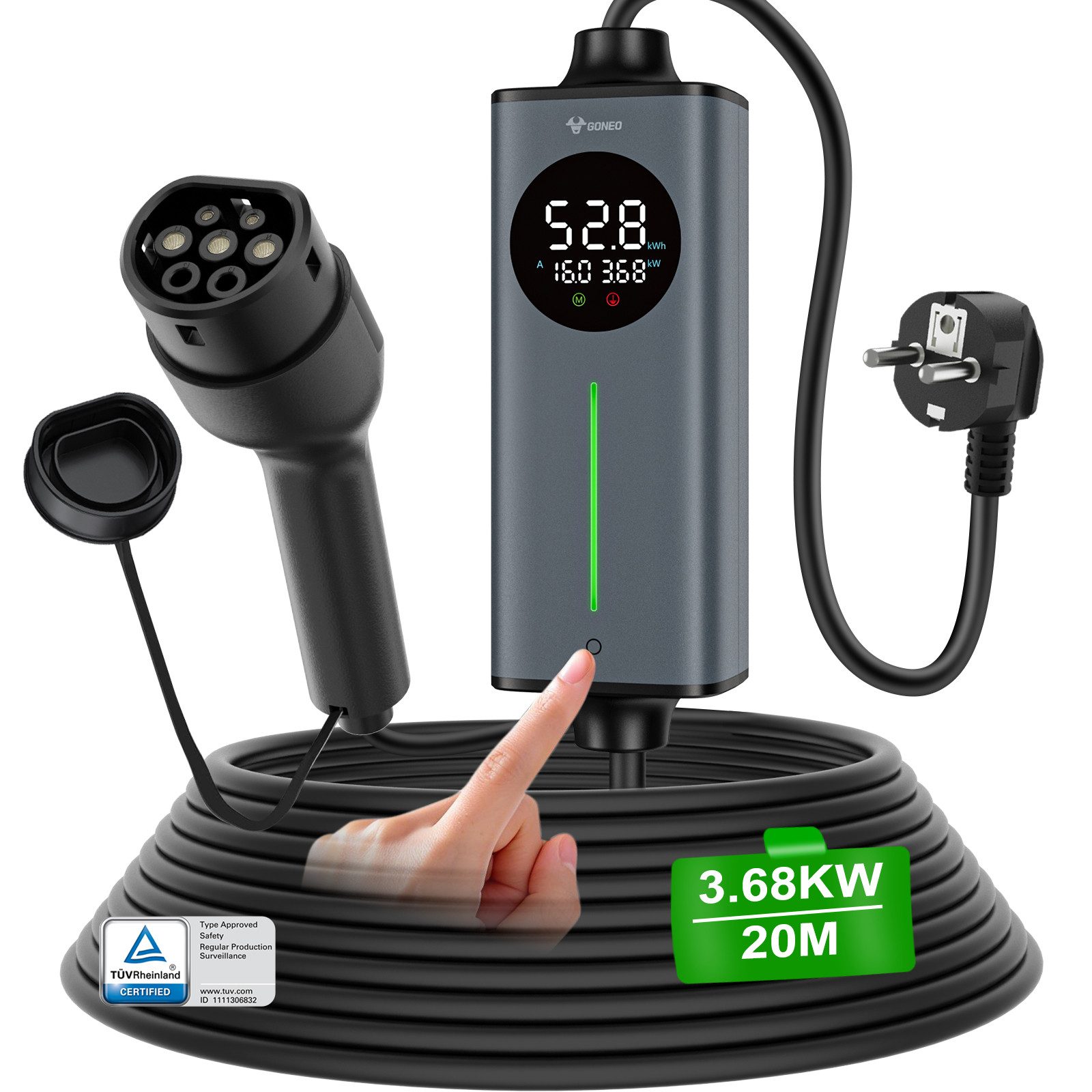 GONEO Elektroauto-Ladestation, Typ 2 Ladekabel Schuko, 3,7kW / 16A, 1-phasig, Tragbares Elektroauto-Ladegerät, Einstellbare Ladeleistung & Timer