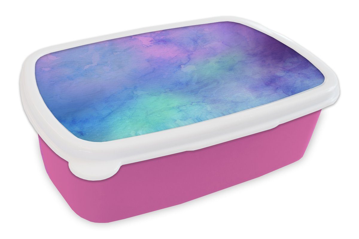 MuchoWow Lunchbox Aquarell - Blau - Lila - Grün, Kunststoff, (2-tlg), Brotbox für Erwachsene, Brotdose Kinder, Snackbox, Mädchen, Kunststoff rosa