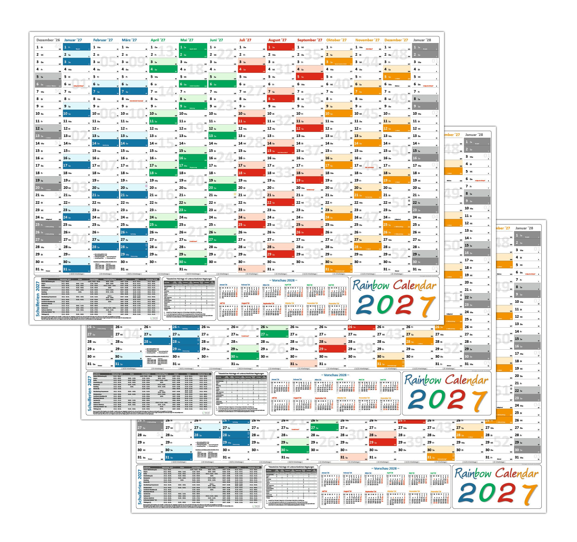 LYSCO Wandkalender Rainbow Wandplaner 2027 DIN A0 / A1 / A2, 14 Monate, komplette Jahresvorschau Folgejahr und Ferientermine Feiertage aller Bundesländer, (gerollt)