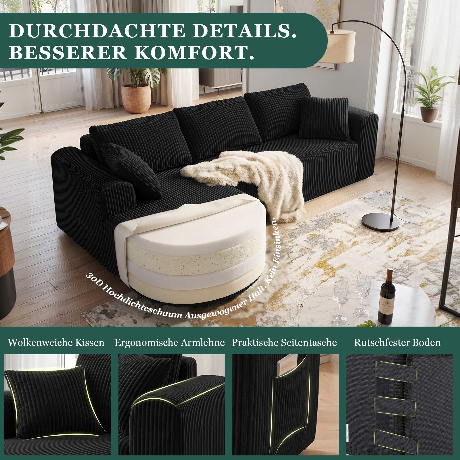 COMHOMA Sofa Ecksofa mit Schlaffunktion, Corduroy Modulares Boneless Couch, mit Chaiselongue, L-Form Schlafsofa, Sektionssofas mit Kissen & Seitentaschen
