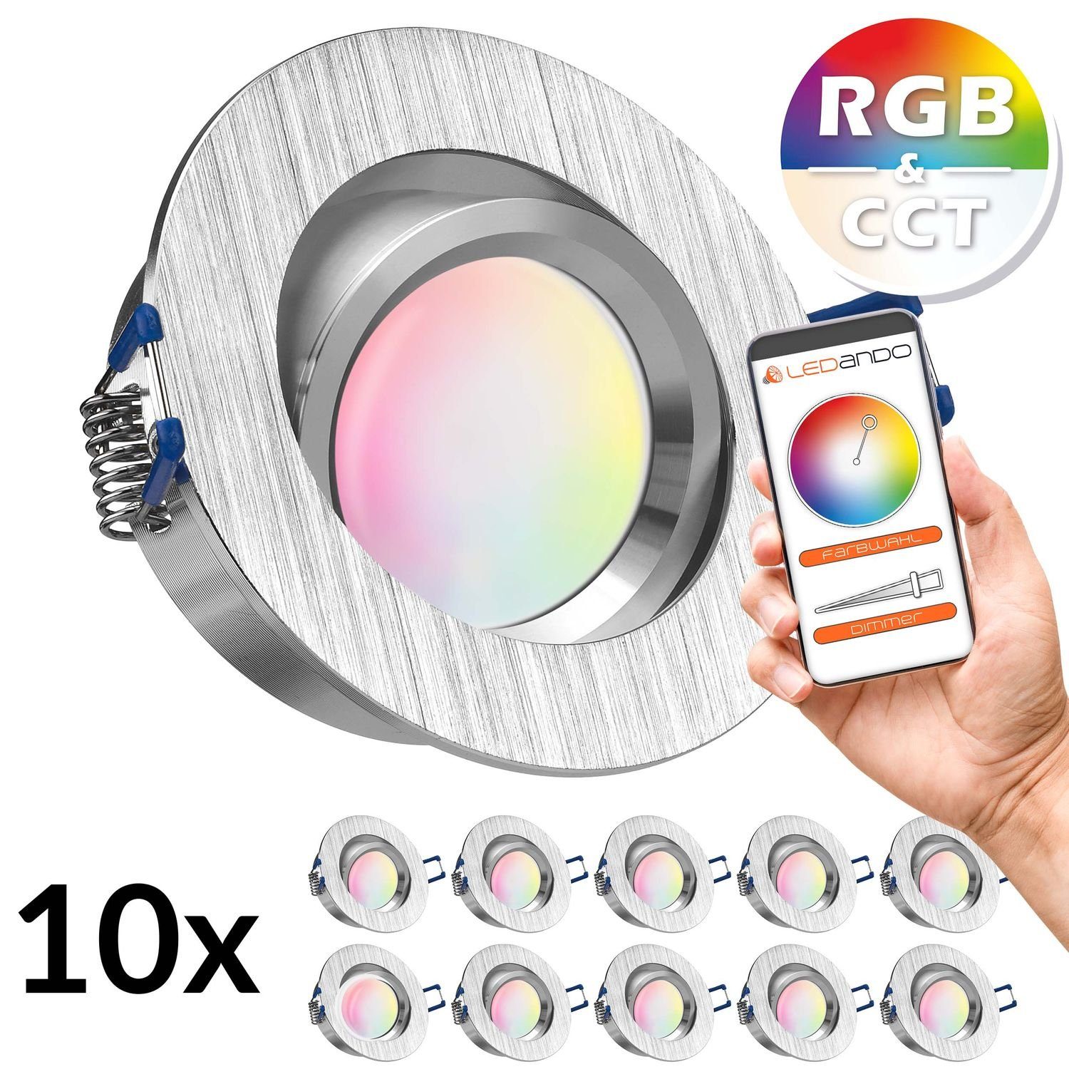 in LEDANDO extra 10er LED RGB Set CCT gebürst LED Einbaustrahler aluminium - Einbaustrahler flach