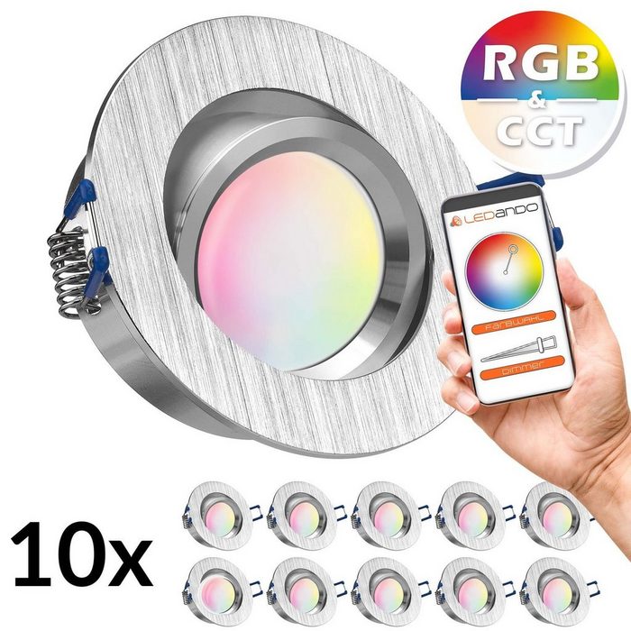 LEDANDO LED Einbaustrahler 10er RGB - CCT LED Einbaustrahler Set extra flach in aluminium gebürstet mit 5W Leuchtmittel von LEDANDO- 16 Mio. Farben + Warmweiß bis Kaltweiß - rund