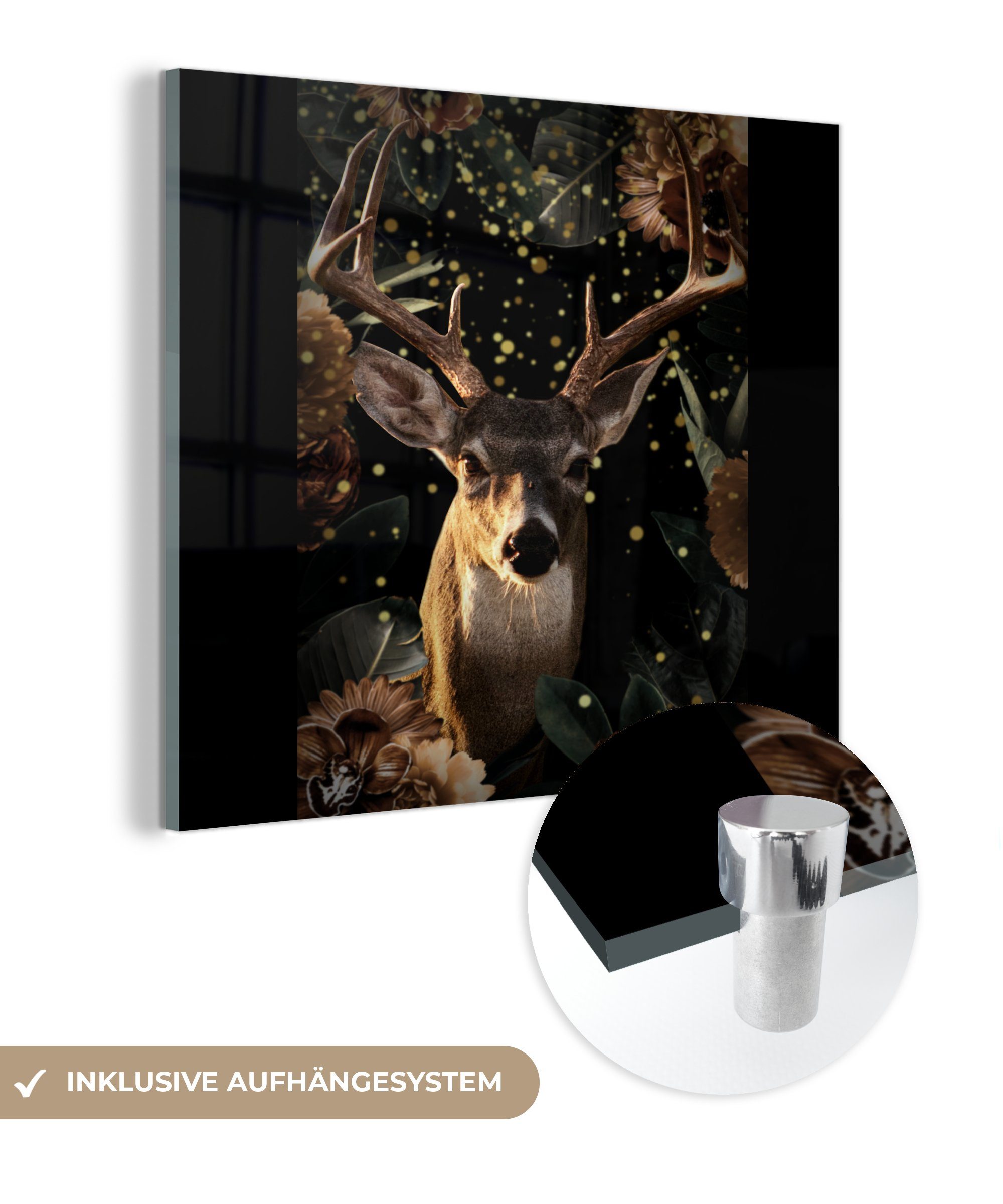 MuchoWow Acrylglasbild Hirsche - Tiere - Licht - Blumen, (1 St), Glasbilder - Bilder auf Glas Wandbild - Foto auf Glas - Wanddekoration