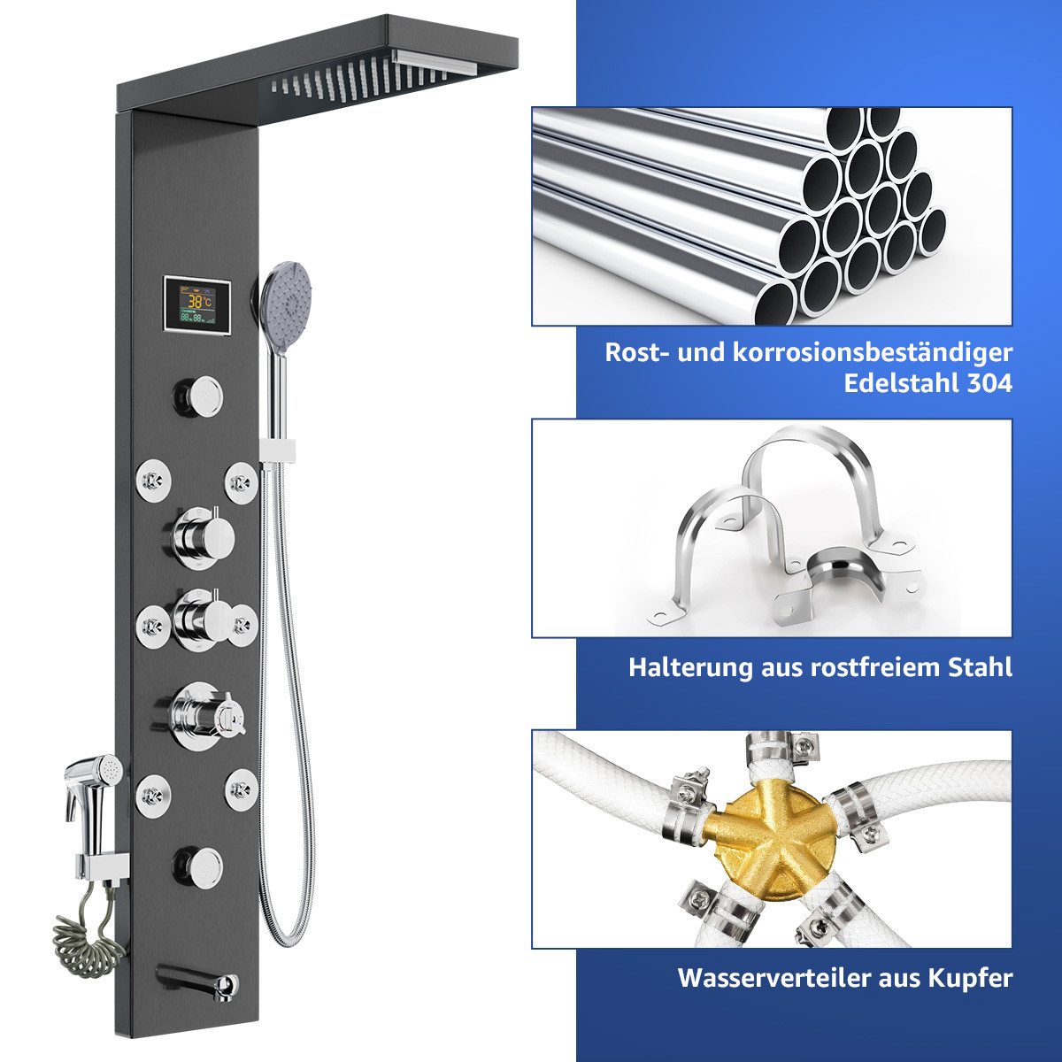 Eumaty Duschsystem Duschpaneel Thermostat Regendusche Dusche Edelstahl mit Armatur, Höhe 117 cm, 6 Strahlart(en), Duschsäule Brausegarnitur Duschset Duschamaturenset Massagedusche