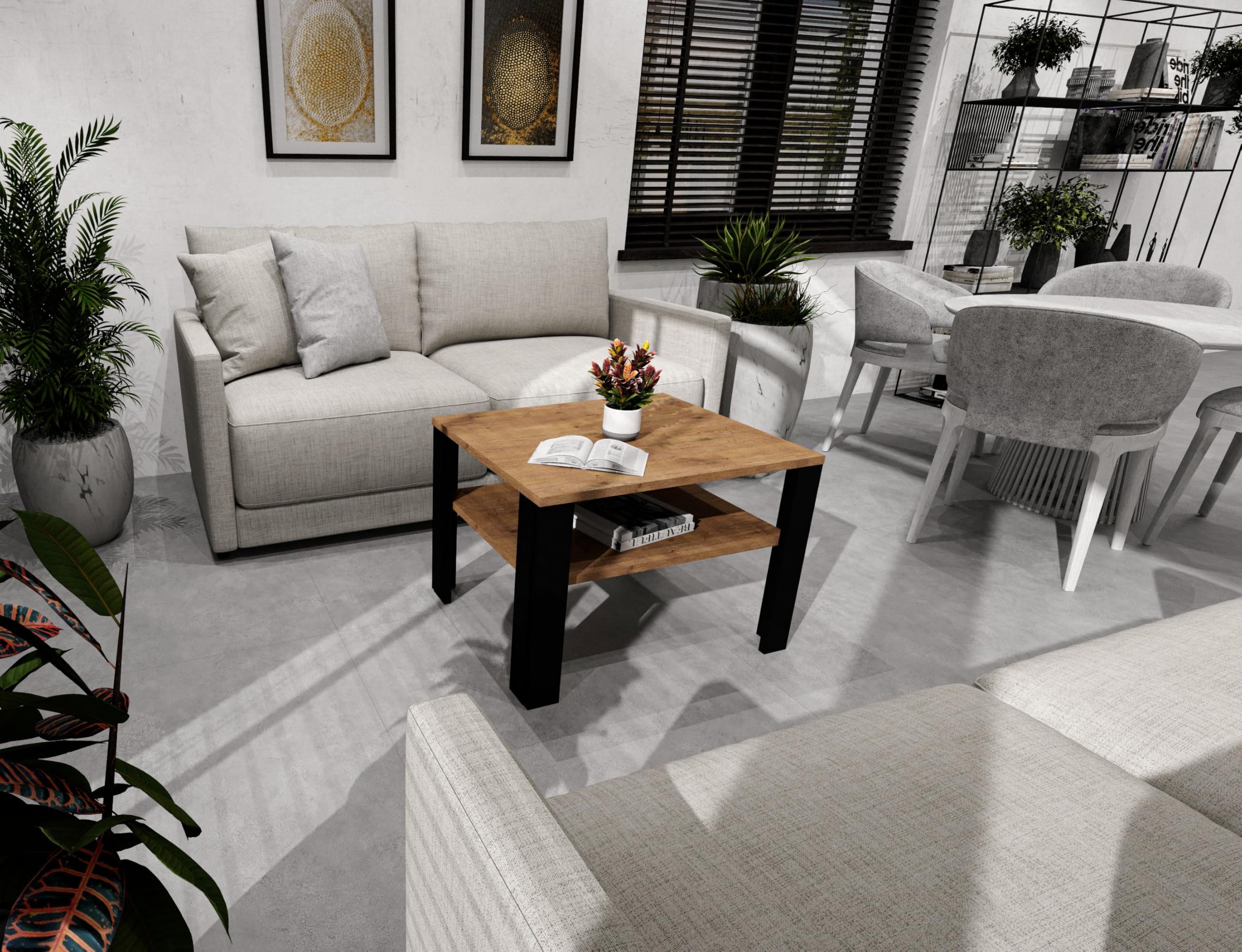 TREND WERK Couchtisch mit zusätzlicher Ablagefläche in 53×53×47 cm und 92×50×45 cm (Moderner Wohnzimmertisch im Retro Loft Design), Stabiler Beistelltisch für Wohnzimmer, Büro & Lounge