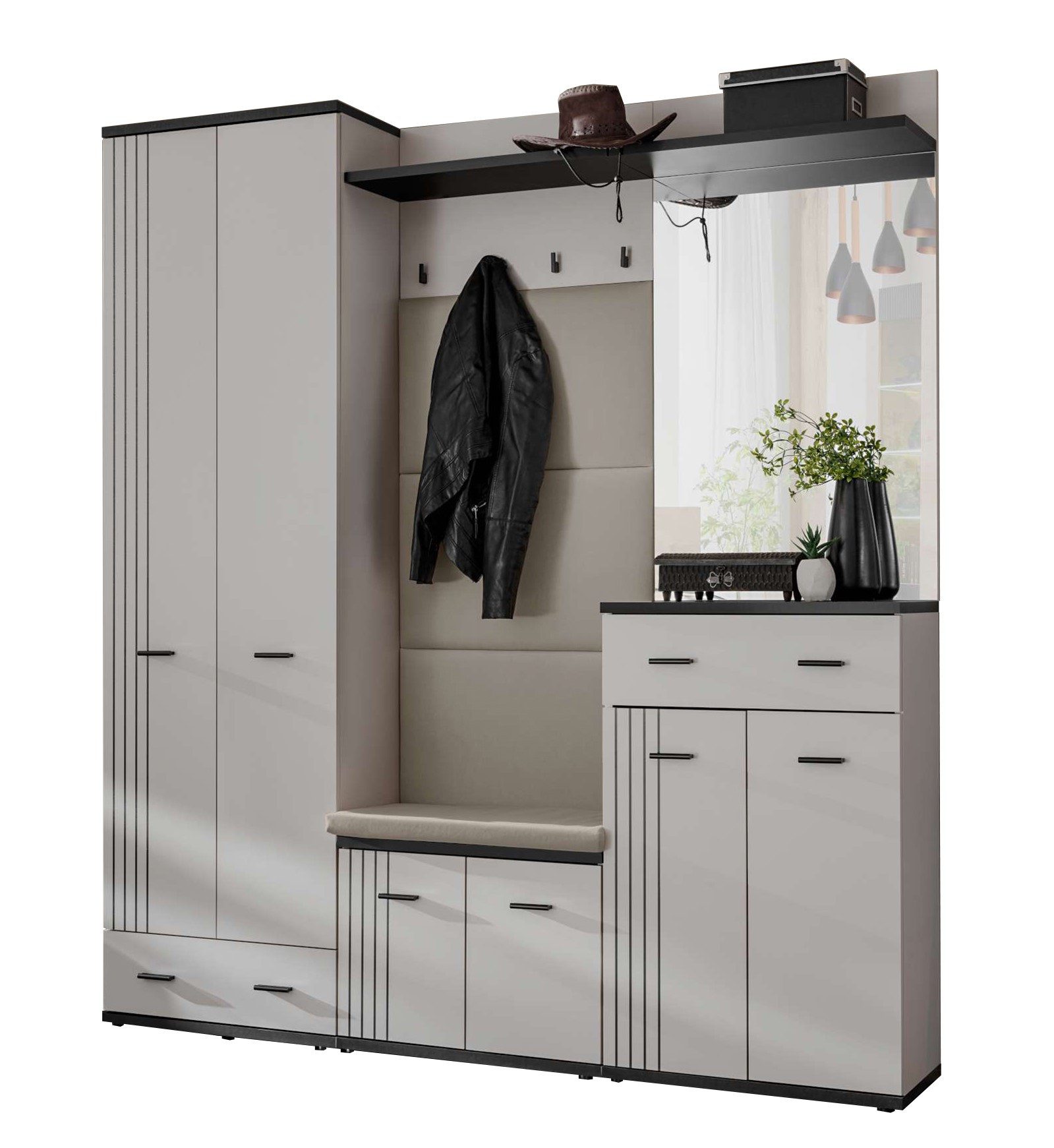 99rooms Garderoben-Set Muza, (Set (5-set), Garderoben-Set), Modern Design, viel Stauraum, mit Speigel, Kissen inklusiv