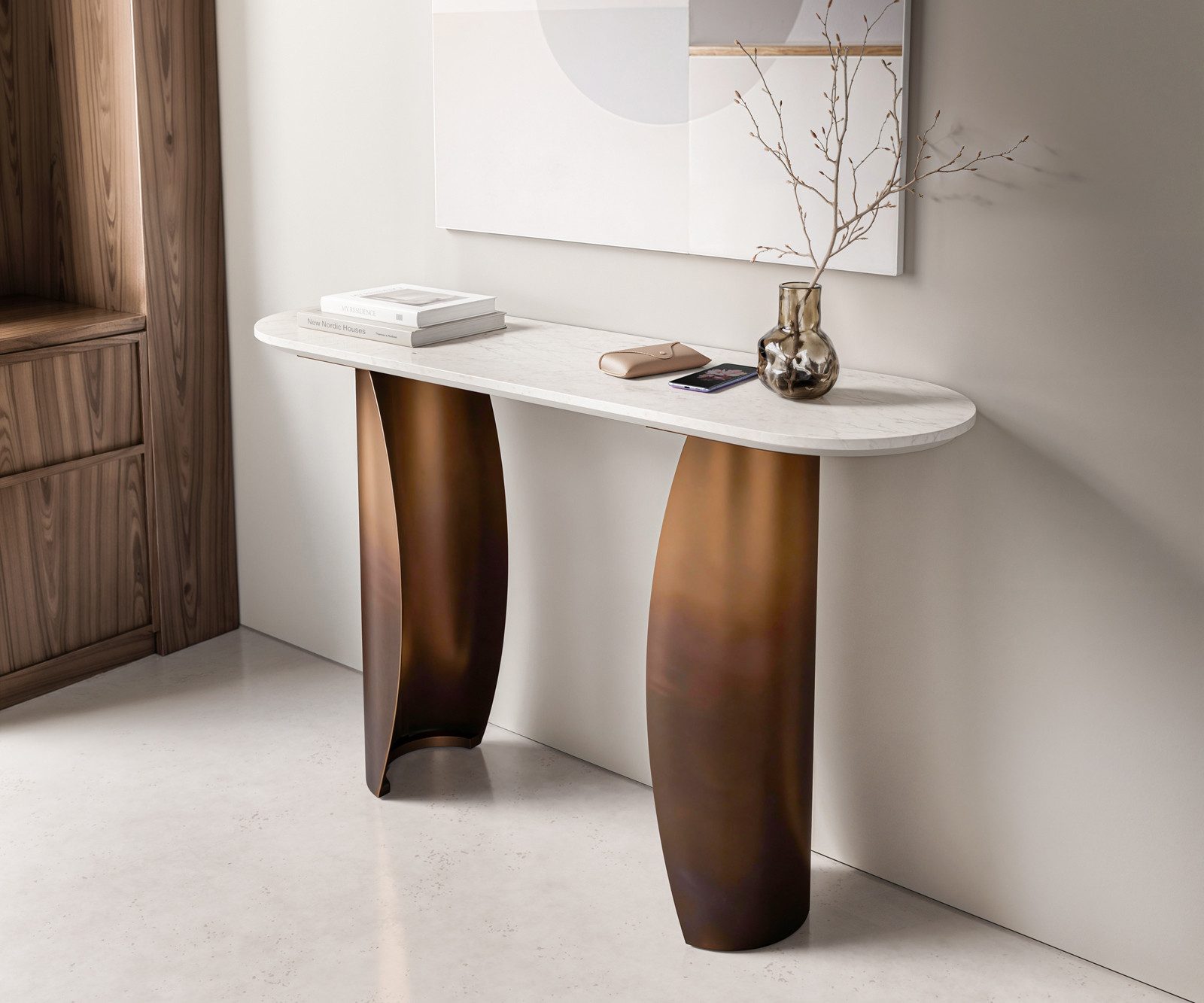DELIFE Beistelltisch Solena, Marmor Weiß 135x40 cm Metall Gold Ombre