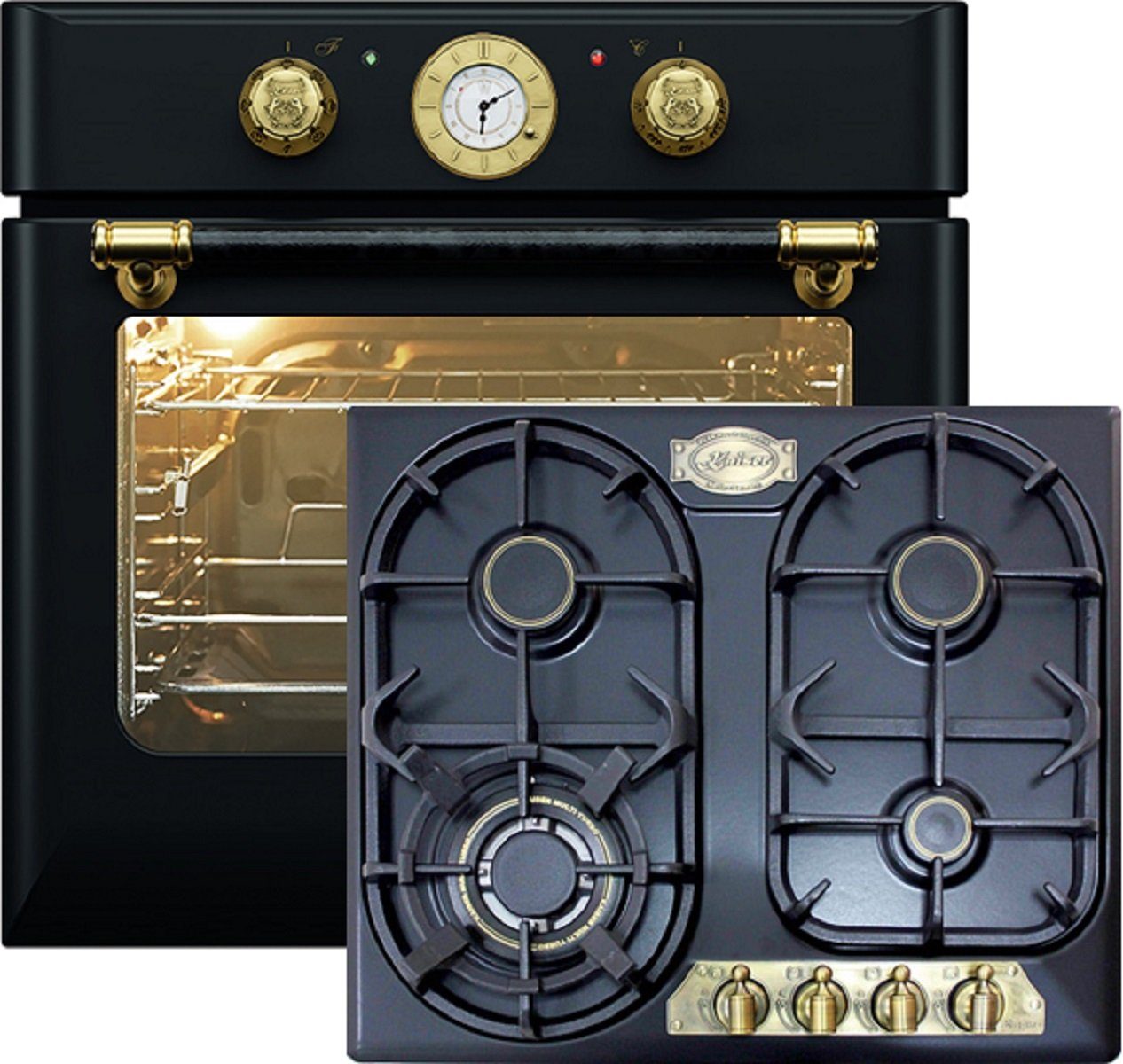 Kaiser Küchengeräte Backofen-Set EH 6432 BE + KG 6325 EM, mit 1-fach-Teleskopauszug, Retro Einbau Backofen Elektro 10 Funktionen+Gaskochfeld 60cm