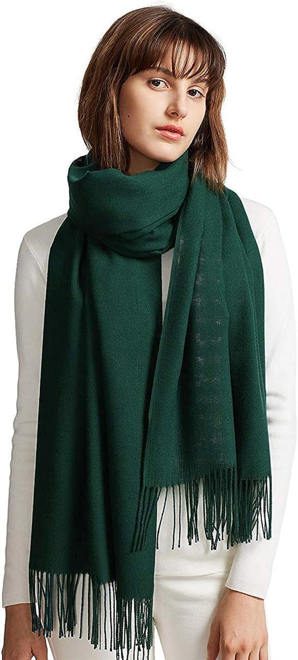 autolock Modeschal Schal Damen Warm Herbst unifarben Baumwolle, mit modischen fransen grün