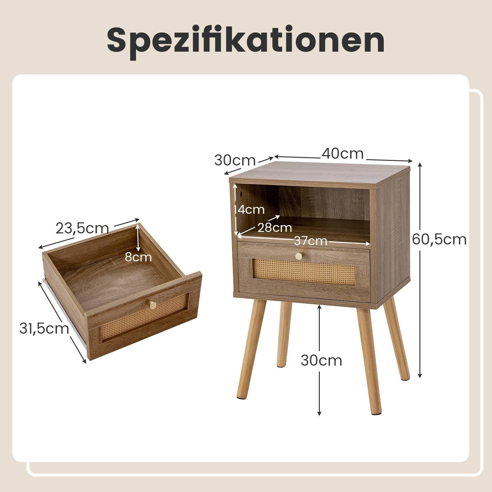 COSTWAY Nachttisch (1-St), Beistelltisch Rattan, mit Schublade, 40 x 30 x 60,5 cm