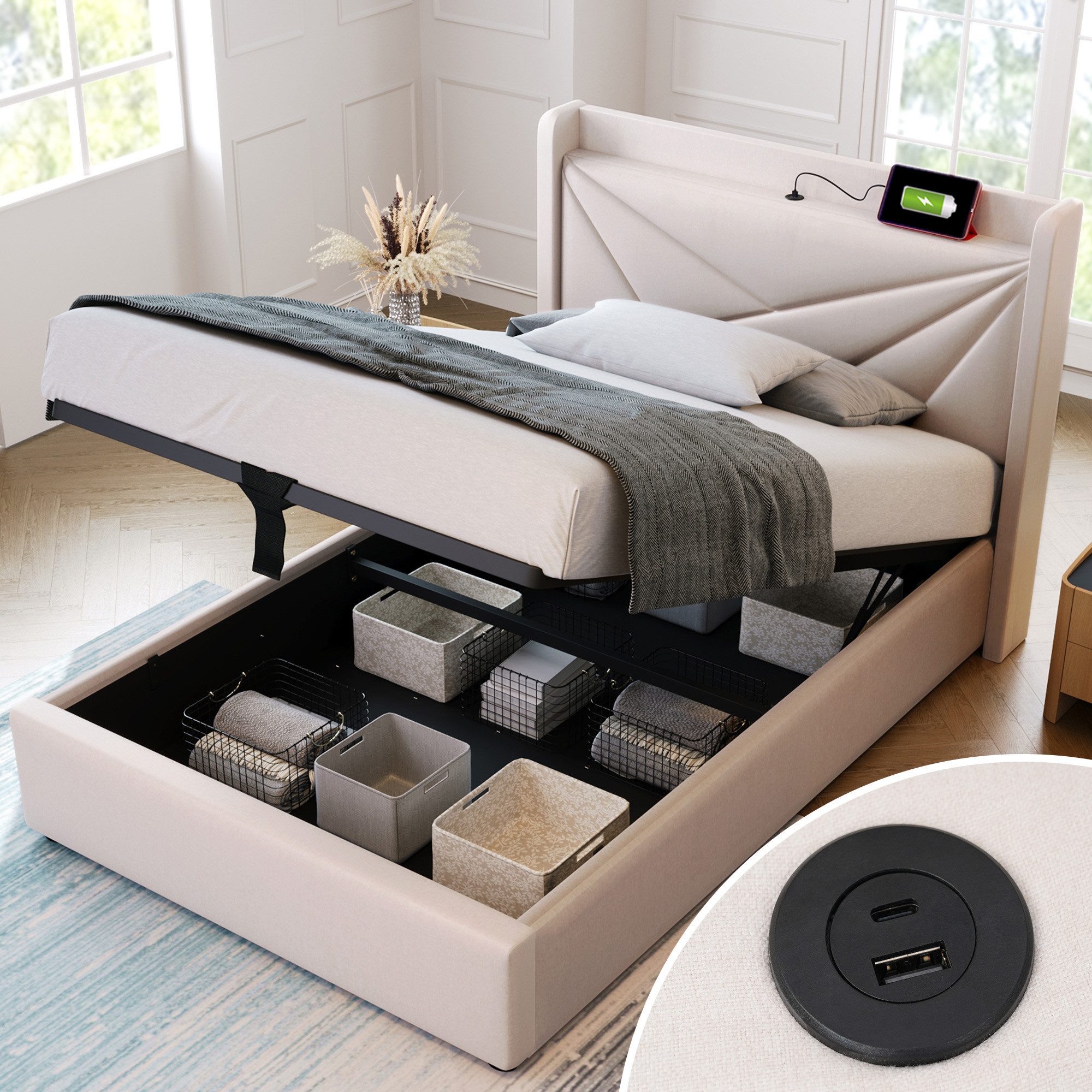 TavilaEcon Boxspringbett Einzelbett mit Stauraum und USB Typ C Ladefunktion