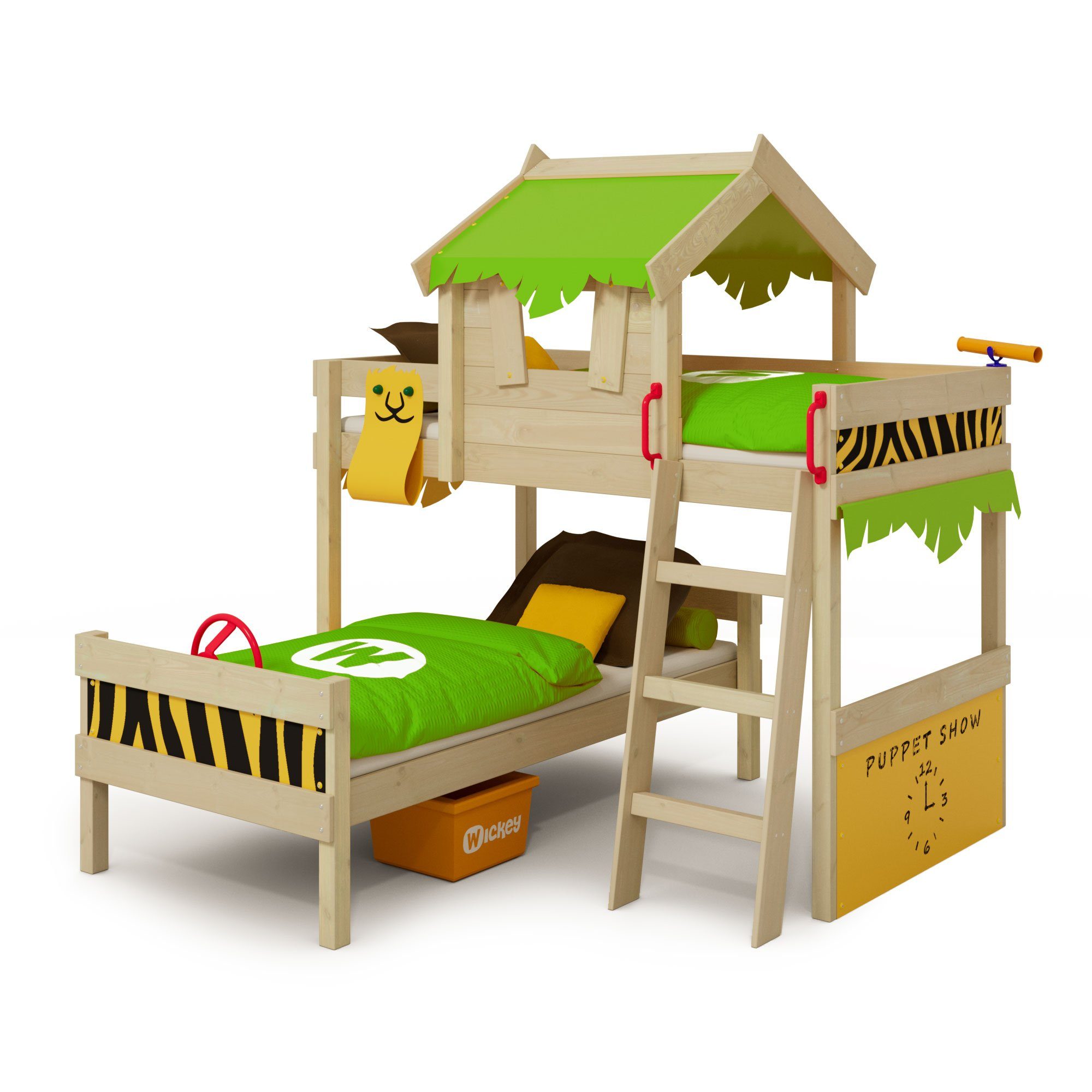 Wickey Kinderbett Crazy Jungle, Spielbett, 90 x 200 cm Hochbett (Holzpaket aus Pfosten und Brettern, Spielbett für Kinder), Massivholzbrett apfelgrün/gelb