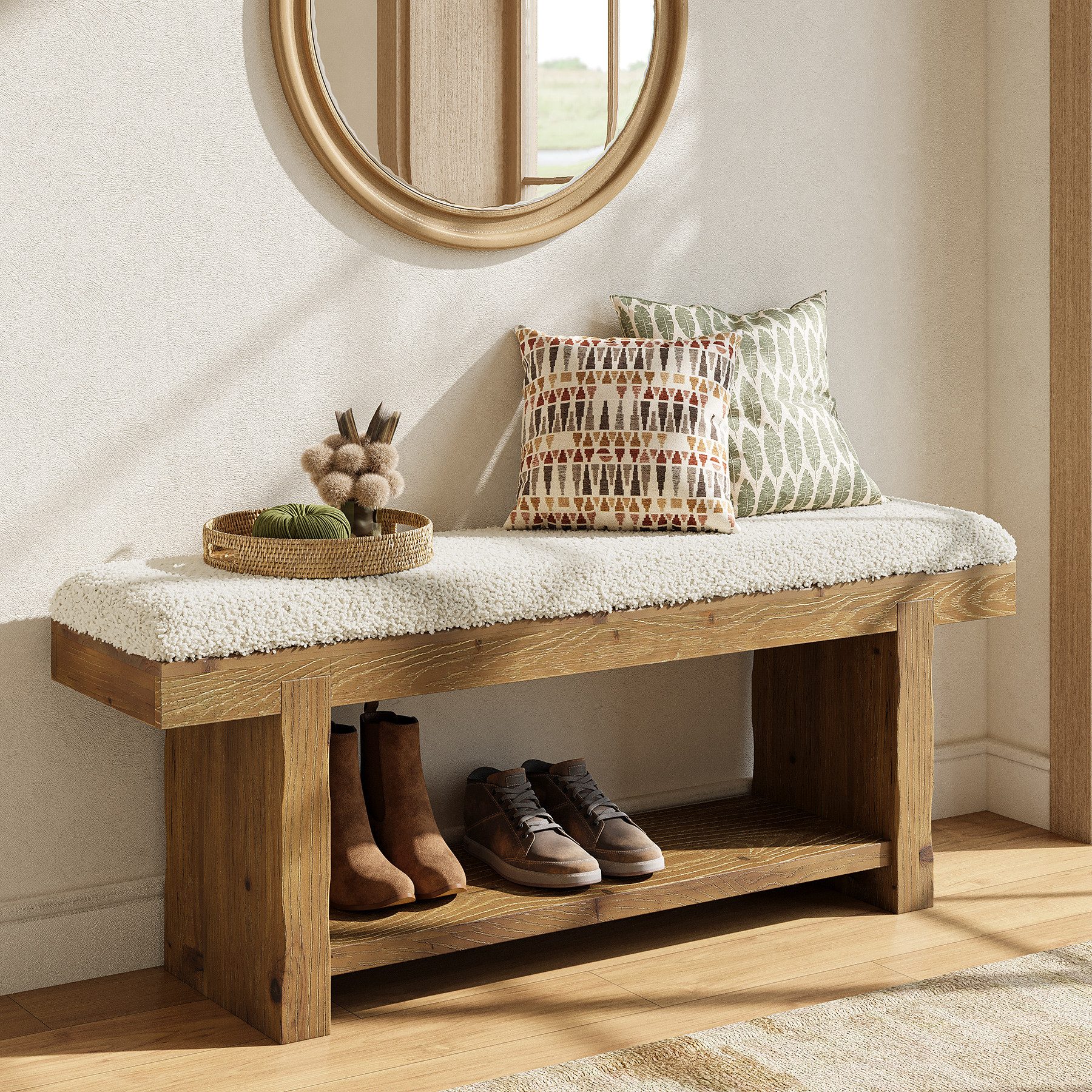 Tribesigns Schuhbank 120 cm lange Massivholz-Eingangsbank, 2-stufige Sitzbank, gepolsterte (Schlafzimmerbank im Landhausstil mit Ablagefach, schmale Bank für Schlafzimmer, Eingangsbereich, Garderobe)