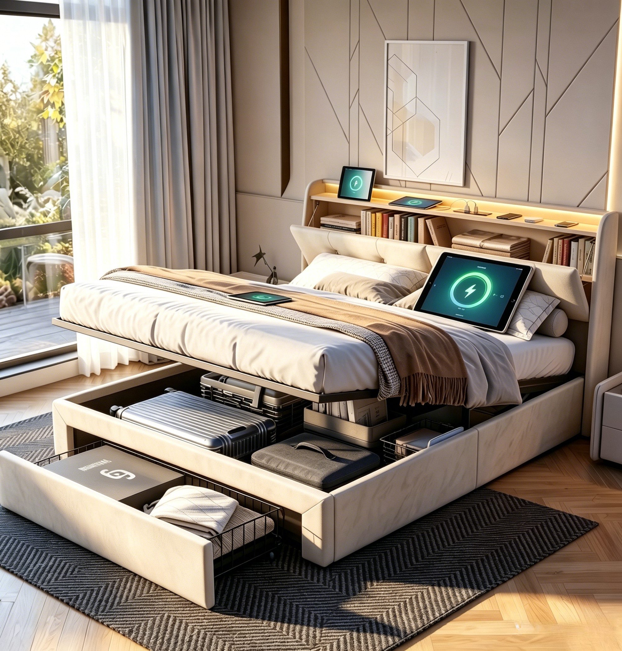 Furnishings Home Polsterbett 180 x 200 Doppelbett LED Hydraulisch anhebbarer Stauraumbett (Mit Lattenrost, Samt material Polsterbett), Modernes Jugendbett, Leises Design Bett, Max. Belastbarkeit 350 kg