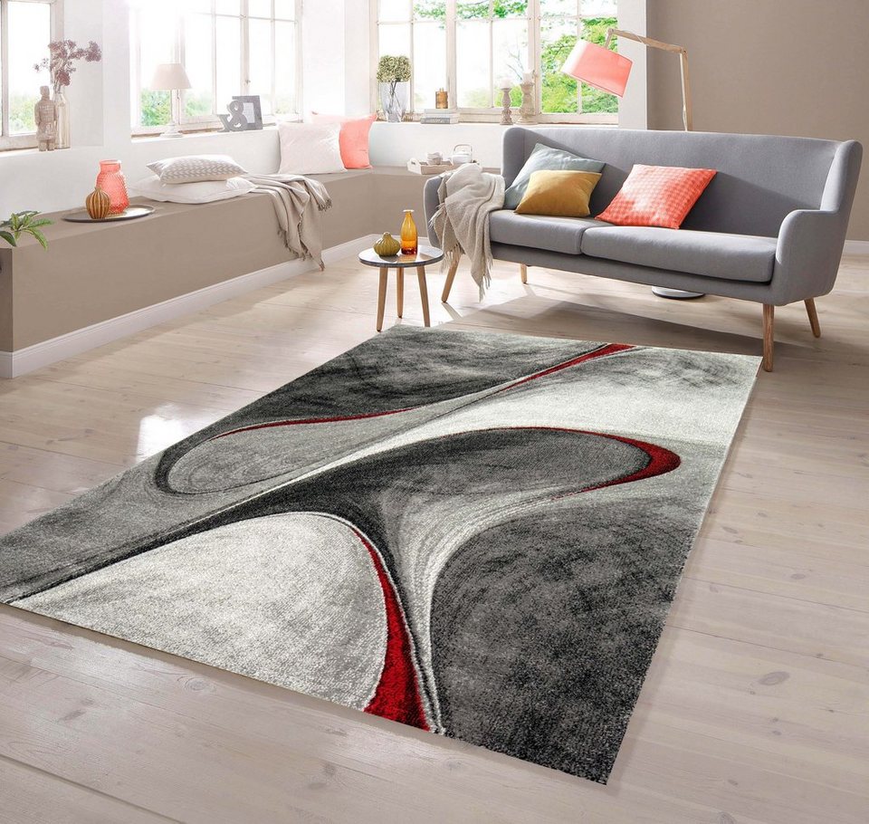 Teppich Teppich Designer Teppich in grau rot, TeppichHome24, rechteckig