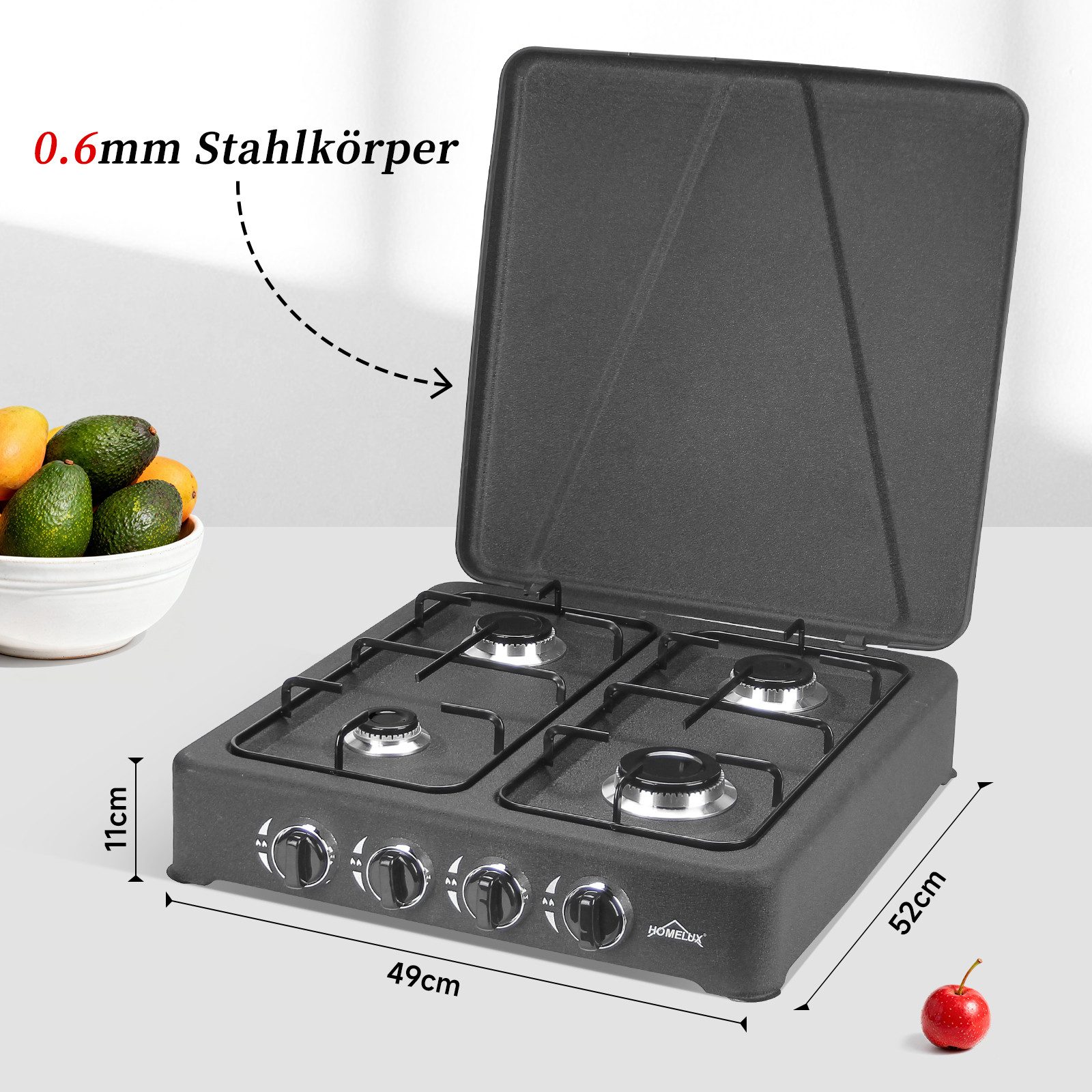 HOMELUX Gaskocher 6,2 KW Gaskocher, 4 Flammig Campingkocher Kochfeld, (2,2 kW + 2x 1,5 kW + 1,0 kW), Gaskocher mit Schlauch-Anschluss und Druckmindere