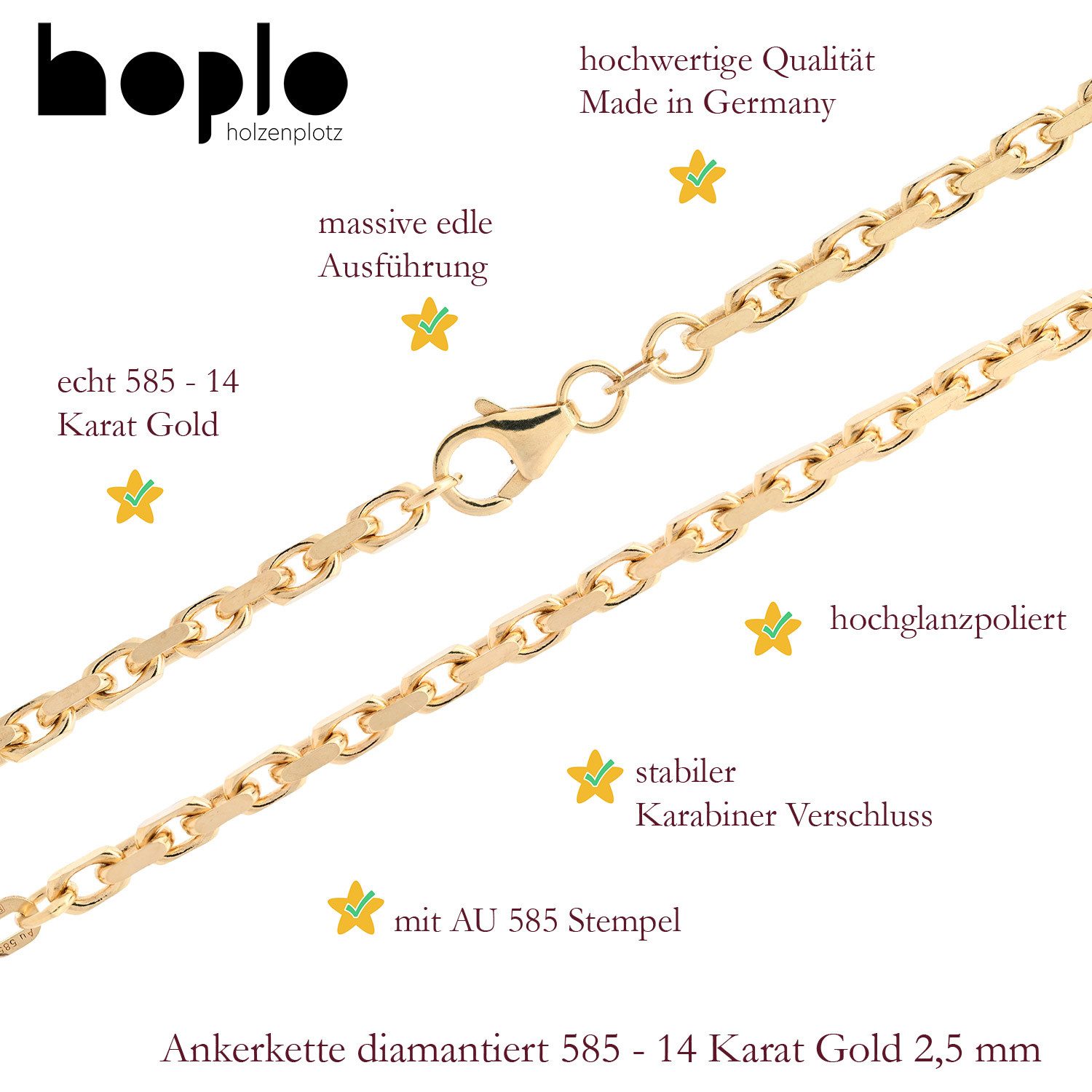 HOPLO Goldkette Goldkette Ankerkette diamantiert 2,5 mm Länge 19 cm 585-14 Karat Gold, Made in Germany – Bild 3 von 5