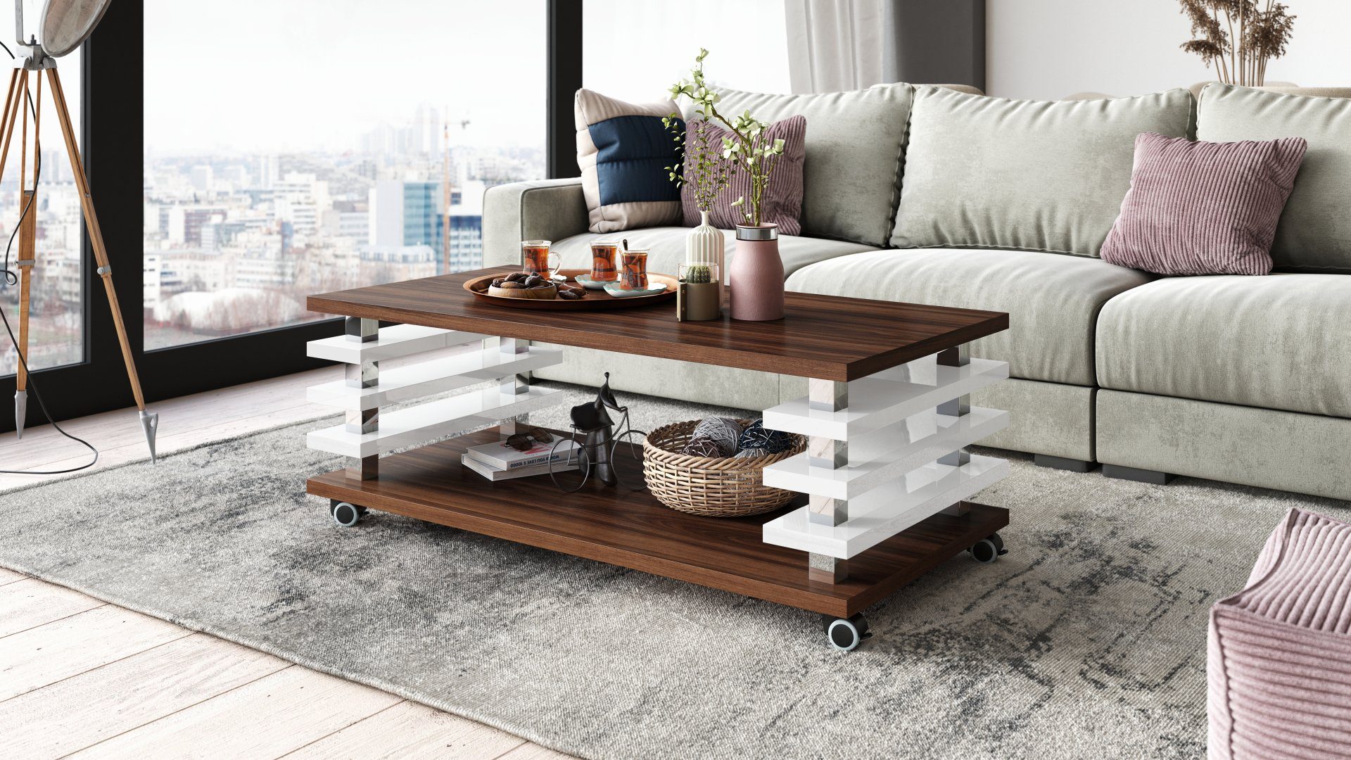 designimpex Couchtisch Carl Svensson DC-3 Wohnzimmertisch Rollen Nussbaum - günstig online kaufen