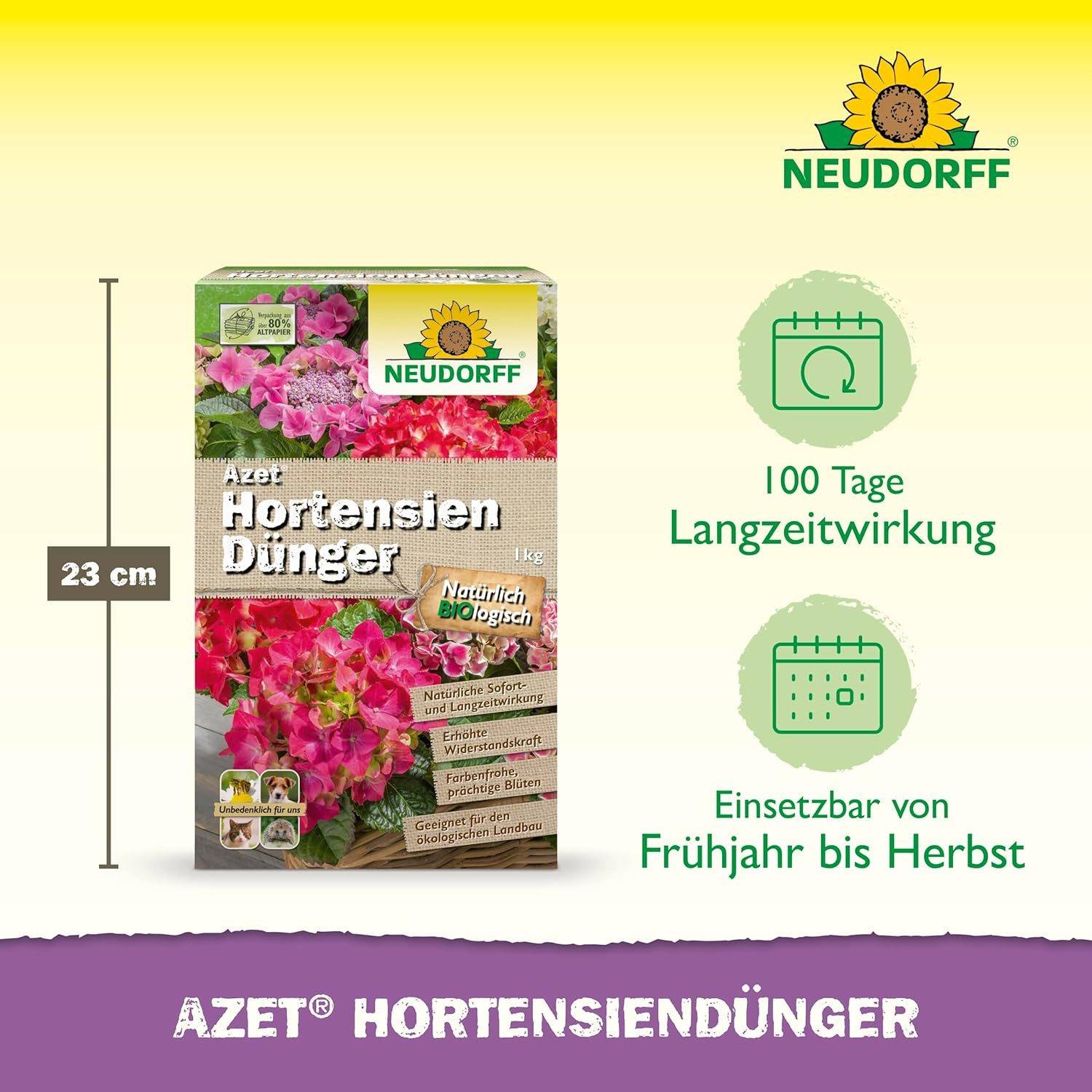 Neudorff Pflanzendünger Azet HortensienDünger 1 kg, Granulat gleichmäßig im Wurzelbereich verteilen, leicht einarbeiten und anschließend gut wässern.