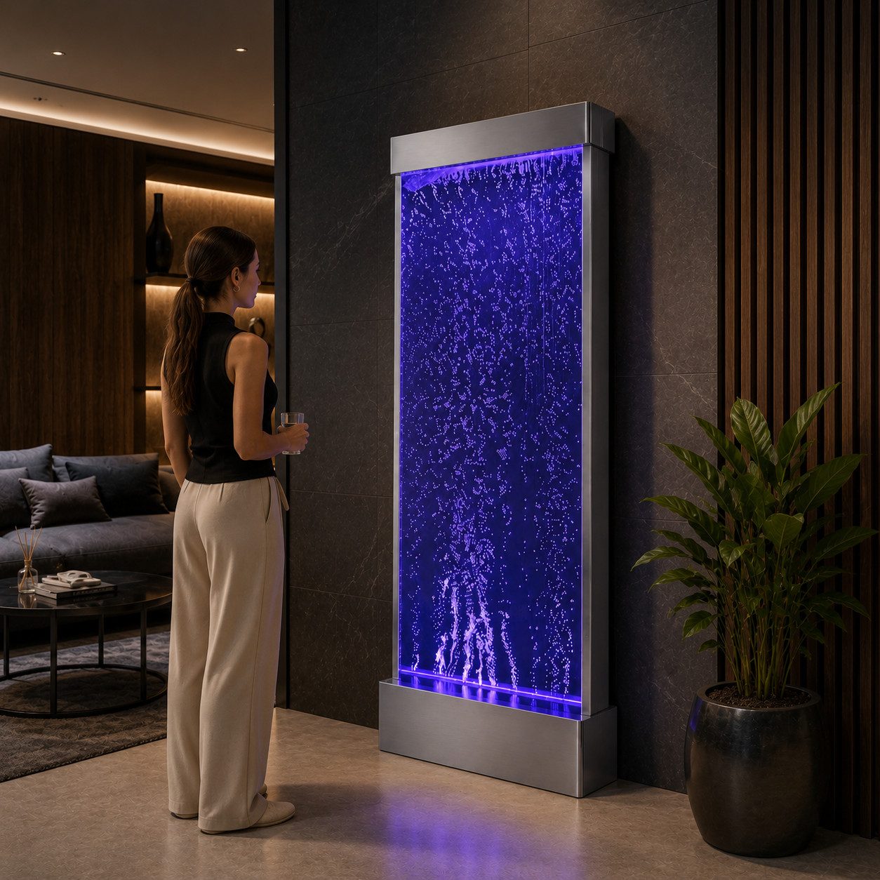 JVmoebel Zimmerbrunnen AquaLux Wasserwand LED Violett Edelstahl Premium Modern Sofort, 50 cm Breite, Wasserbecken BxT: 50x20 cm, (1 tlg), Wasserwand mit RGB LED Farbwechsel und beruhigendem Blaseneffekt