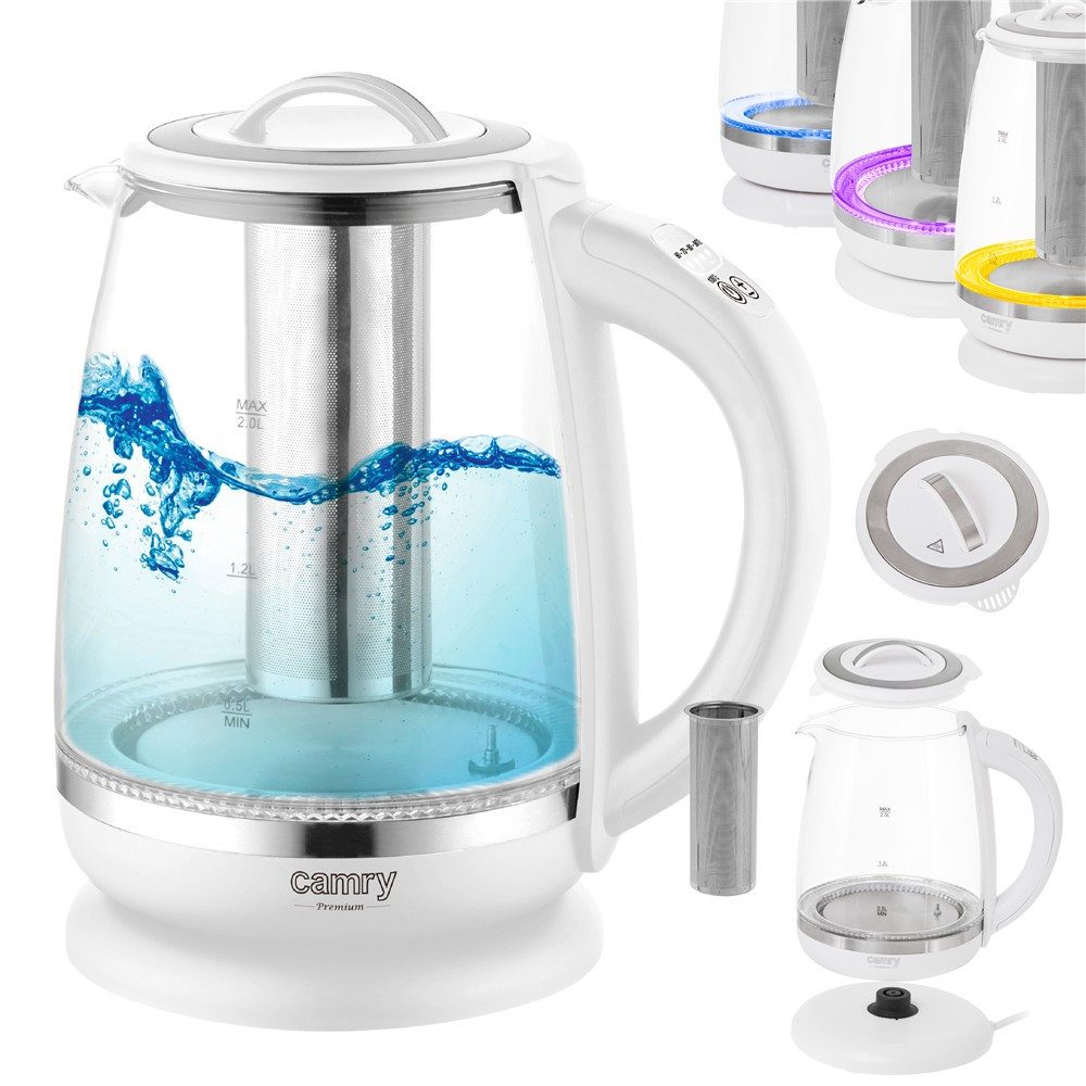 Camry Wasserkocher CR 1290w Glaswasserkocher mit Temperaturwahl, 2 l, 2200 W, mit Teesieb, Warmhaltefunktion, LED Beleuchtung, Glas Teekocher, Weiß