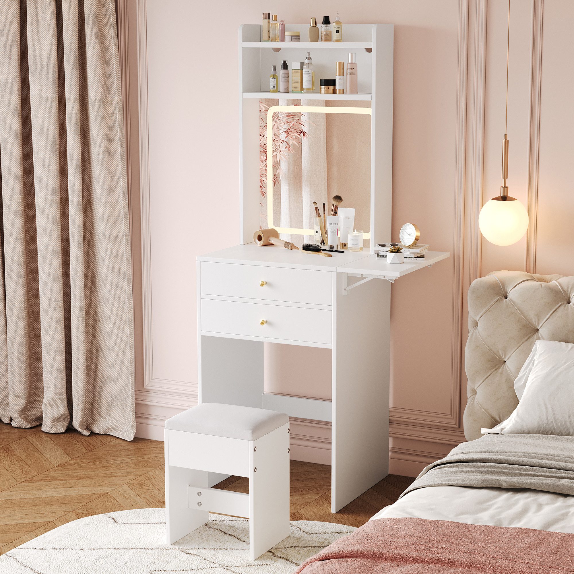Flieks Schminktisch, Frisiertisch mit LED-Spiegel, 2 Schubladen und Hocker günstig online kaufen