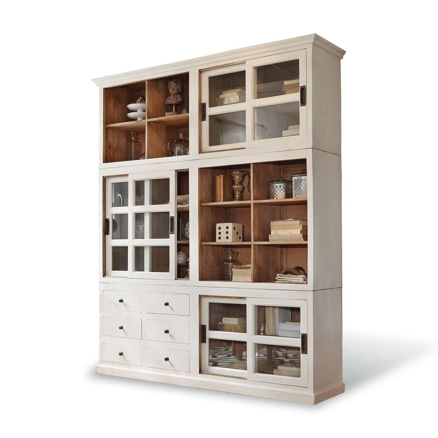 Mirabeau Buffet stilvoller Schrank Dubberly aus Mangoholz mit Glastüren weiß/braun (handgefertigt, großzügig, 6 Schiebetüren & 6 Schubladen) Wohnzimmerschrank, B 180cm, H 220cm, T 45cm