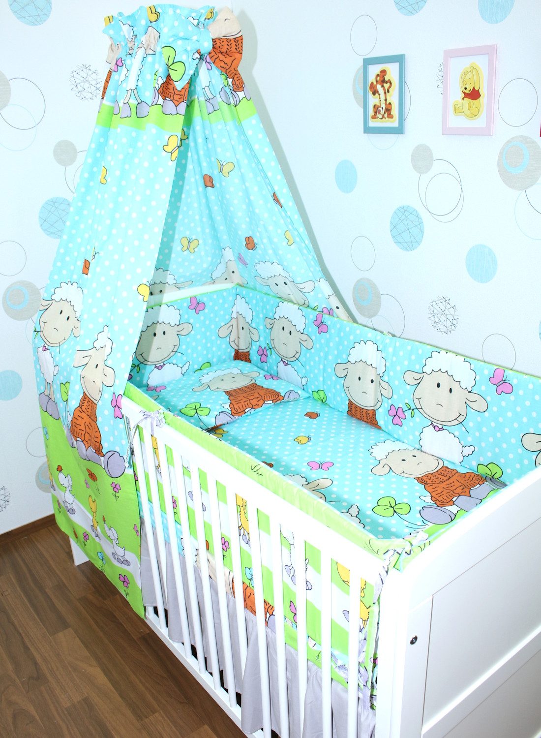 Babybettwäsche Baby Bettset- 6 teiliges mit 420 Nestchen Vollstoff Himmel Bettwäsche