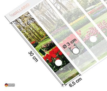 Wallario Etiketten Bunte Blumen und Kirsch-Baum im Park blühen im Frühling, Ordnerrücken-Sticker in verschiedenen Ausführungen