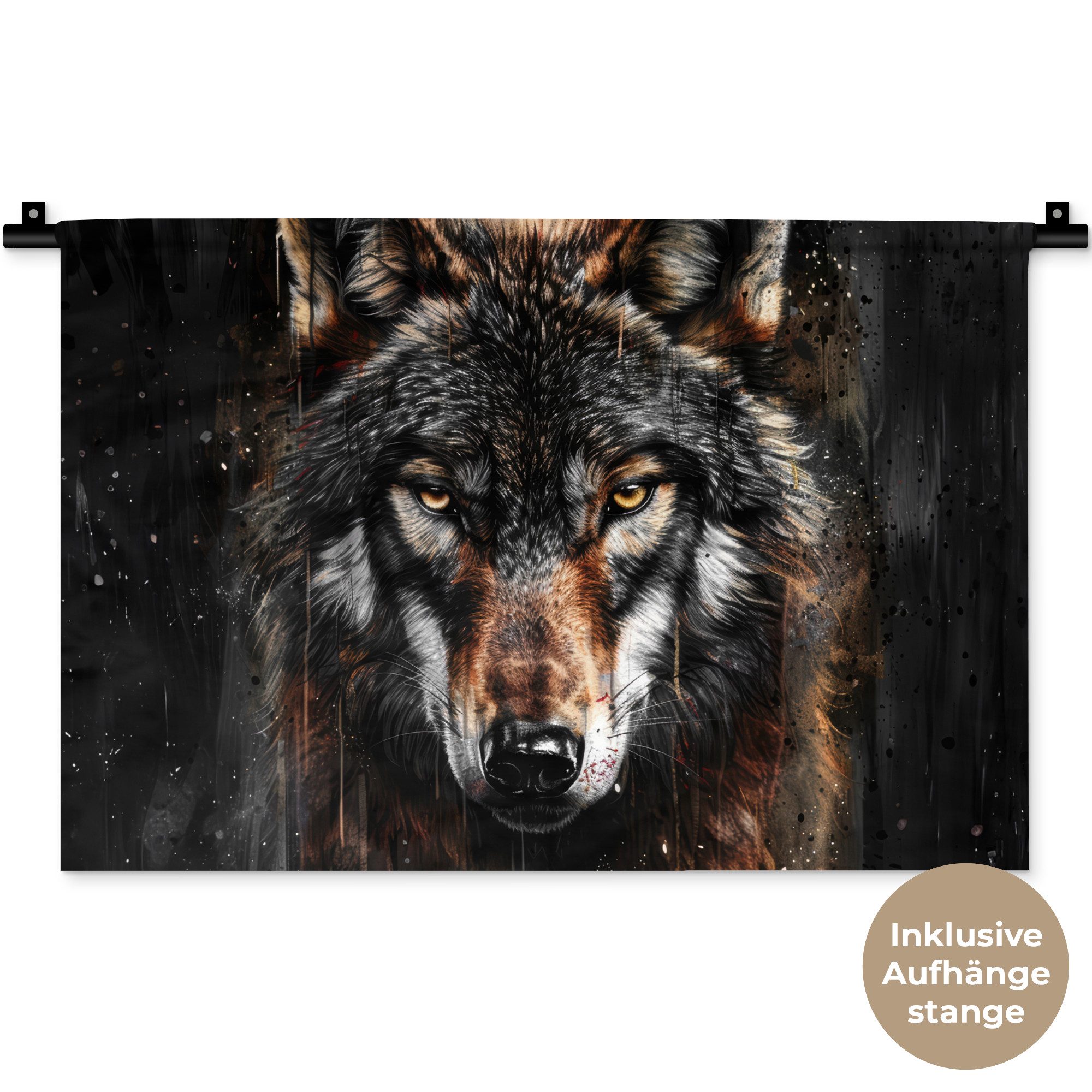 MuchoWow Wandteppich Tiere - Wolf - Porträt - Schwarz - Braun, Rechteckig, Höhe: 3 mm, Wandteppich für Wohnzimmer, Schlafzimmer, 60x40 cm