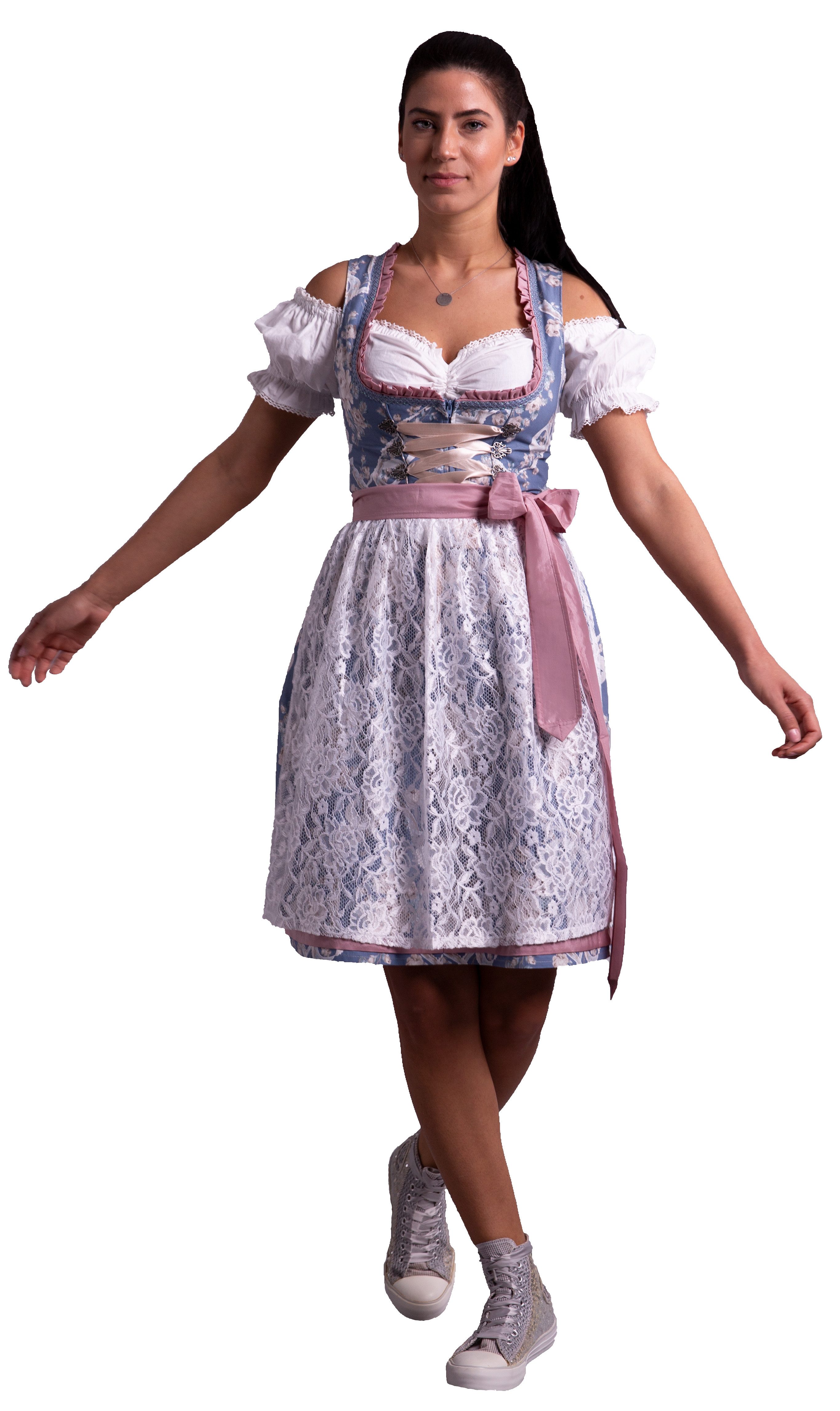 Entari Dirndl 536GT Trachtenkleid Fern Blau Geblümt (3tlg) Geblümt