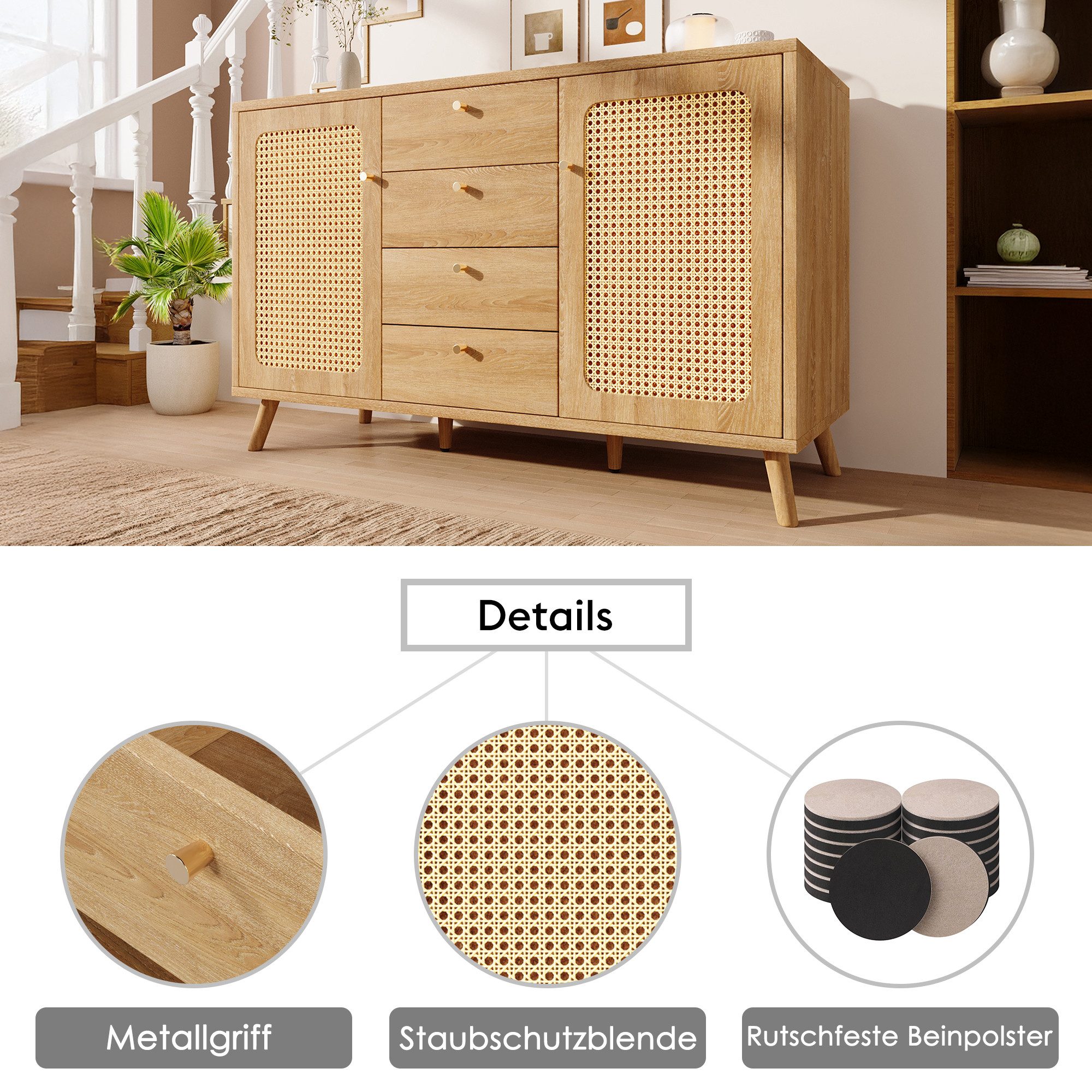 Odikalo Sideboard Kommode mit Schubladen und Rattan Optik (mit 4 Schubladen und 2 Türen Stauraumschrank in Rattan Optik mit verstellbaren Einlegeböden für Wohnz – Bild 5 von 5