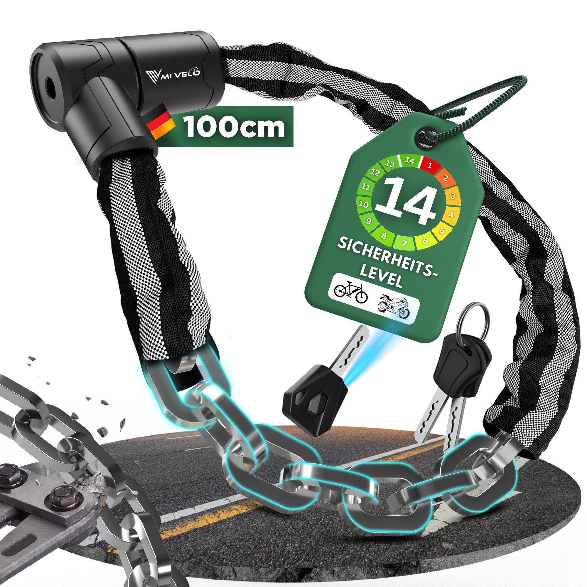 MIVELO Kettenschloss MIVELO MOTORRADSCHLOSS & FAHRRADSCHLOSS extra Diebstahlsicher, 10mm Vierkant Stahlkette