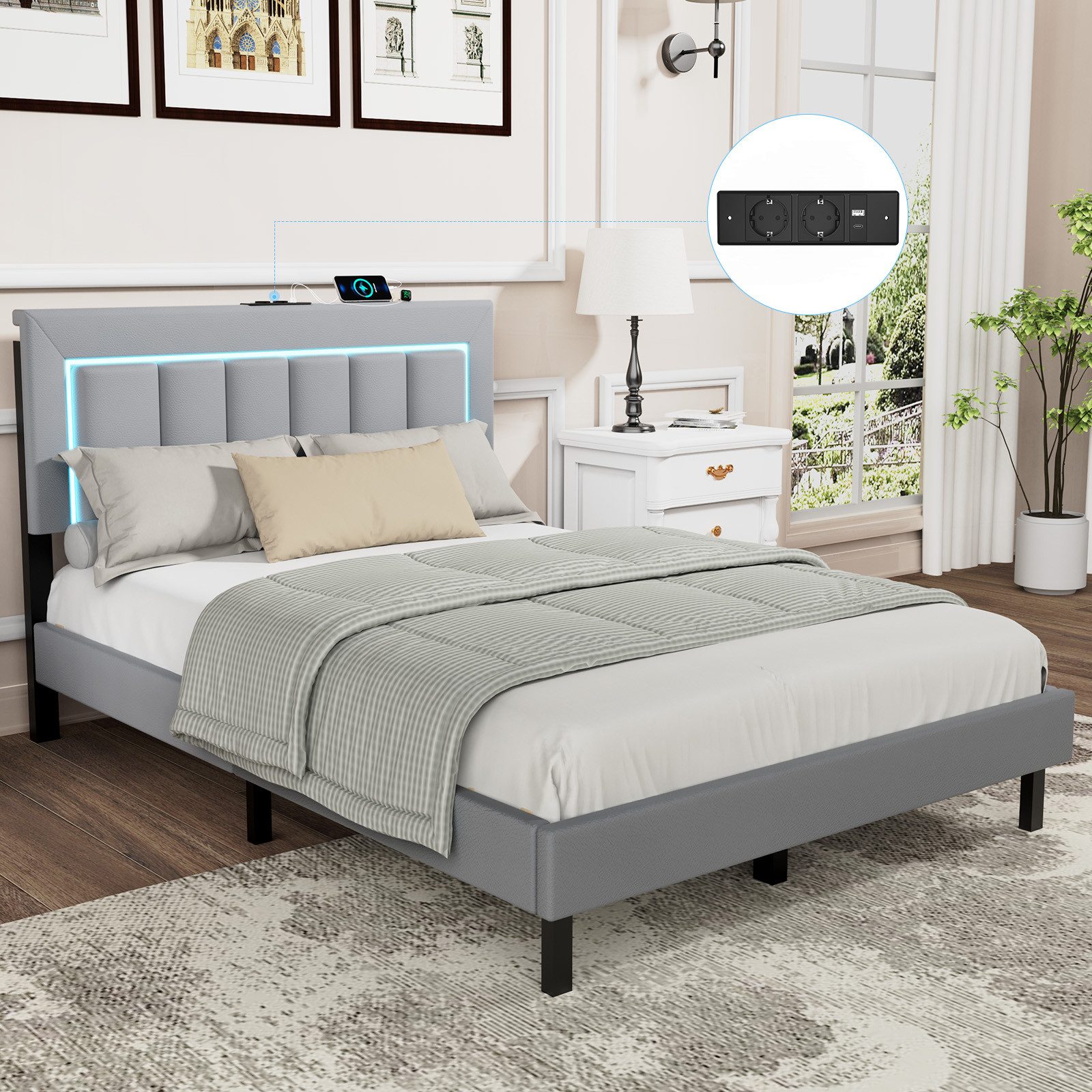 oyajia Polsterbett Polsterbett Doppelbett mit USB+Type C und LED-Beleuchtun günstig online kaufen